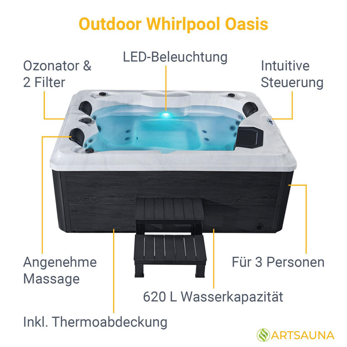 WHIRLPOOL Oasis mit Treppe Outdoor - Anthrazit, Kunststoff (210/80/160cm) - Artsauna