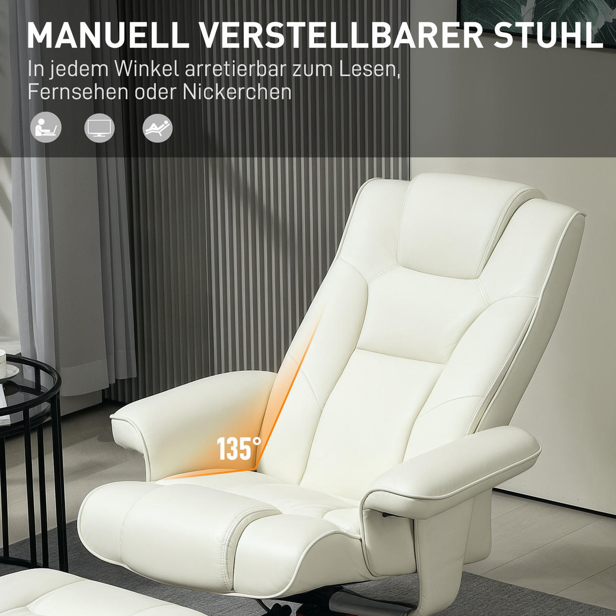 RELAXSESSEL mit Hocker, Fernsehsessel mit Liegefunktion, Wippfunktion, Cremeweiß - Creme/Dunkelrot, Leder/Holz (84/104/84cm) - HOMCOM