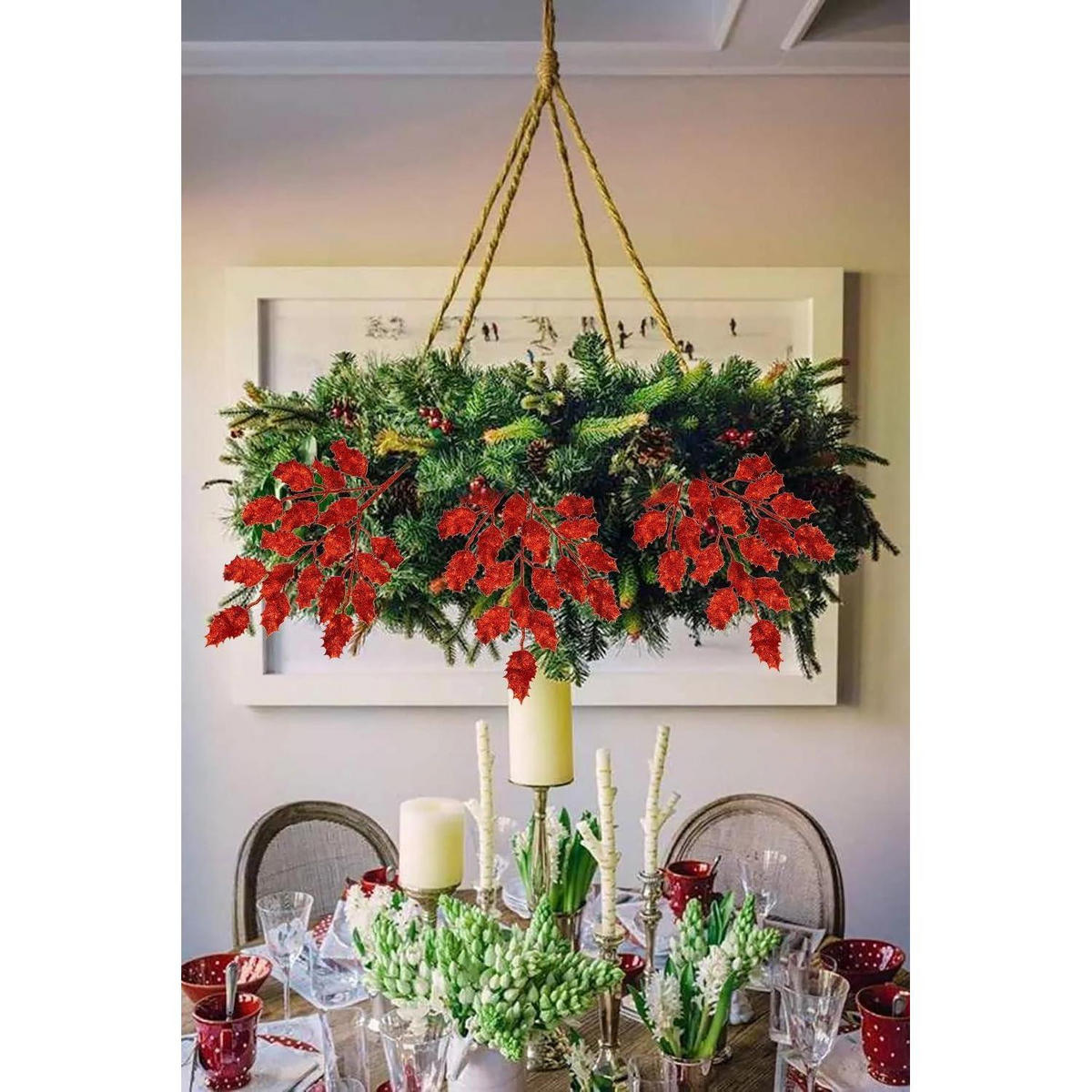 KUNSTZWEIG 6-teiliges Set Glitzernde Eichenblätter Rot 58 cm - Rot, Kunststoff (8cm)