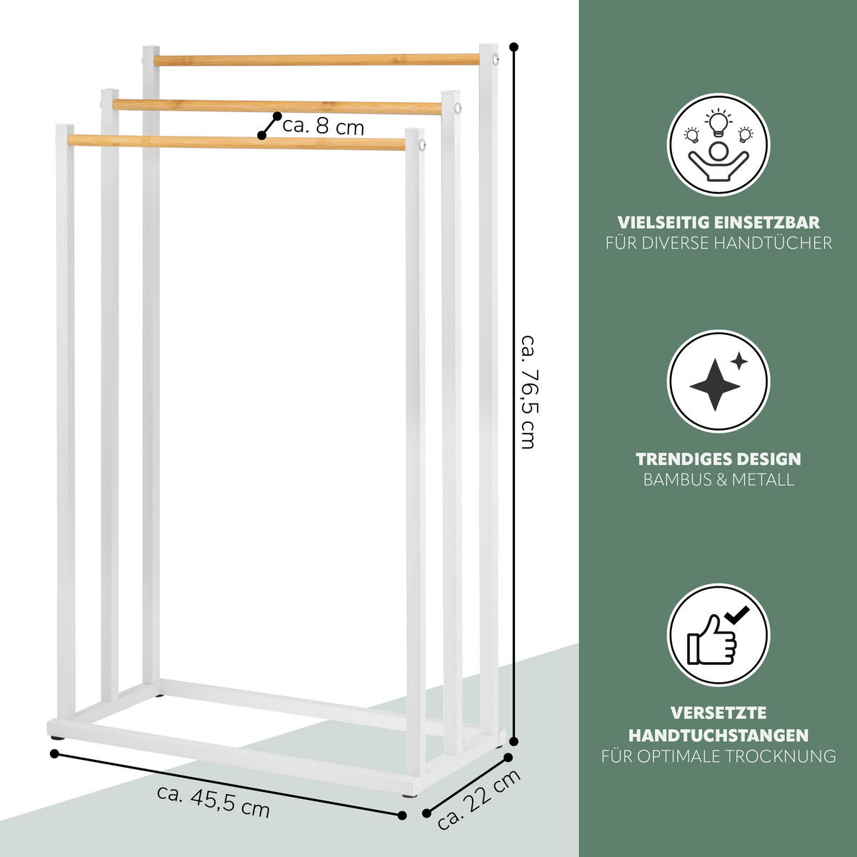 STAND-HANDTUCHHALTER, Bambus/Metall weiß - Weiß, Metall (45.5/76.5/22cm) - eluno