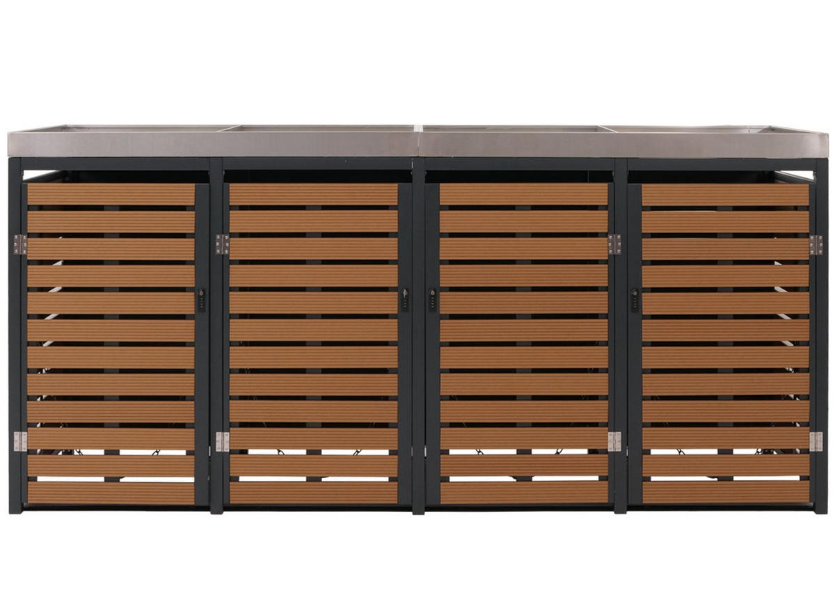 MÜLLTONNENVERKLEIDUNG 4er 124x265x84cm mit Pflanzkasten Teak-Optik - Braun, Metall (265/124/84cm) - PROREGAL