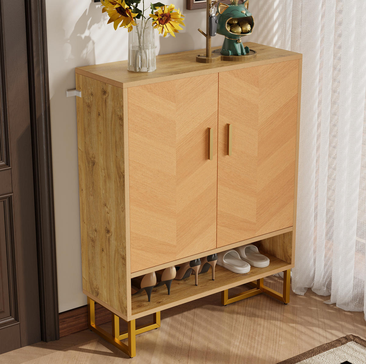 SCHUHSCHRANK 80/38/100 cm mit 2 Türen, schmales Design in Natur - Naturfarben, Holzwerkstoff (80/100/38cm) - BEAOK