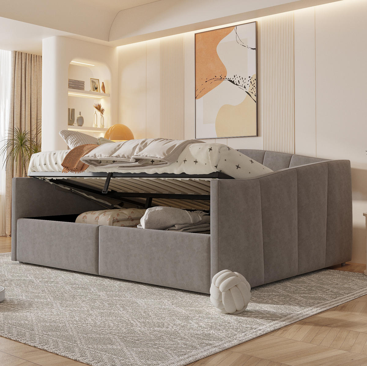 SCHLAFSOFA aus Samt 140x200 cm Grau mit hydraulischem Bettkasten und Lattenrost - Dunkelgrau, Leder (140/200cm) - IVMEU
