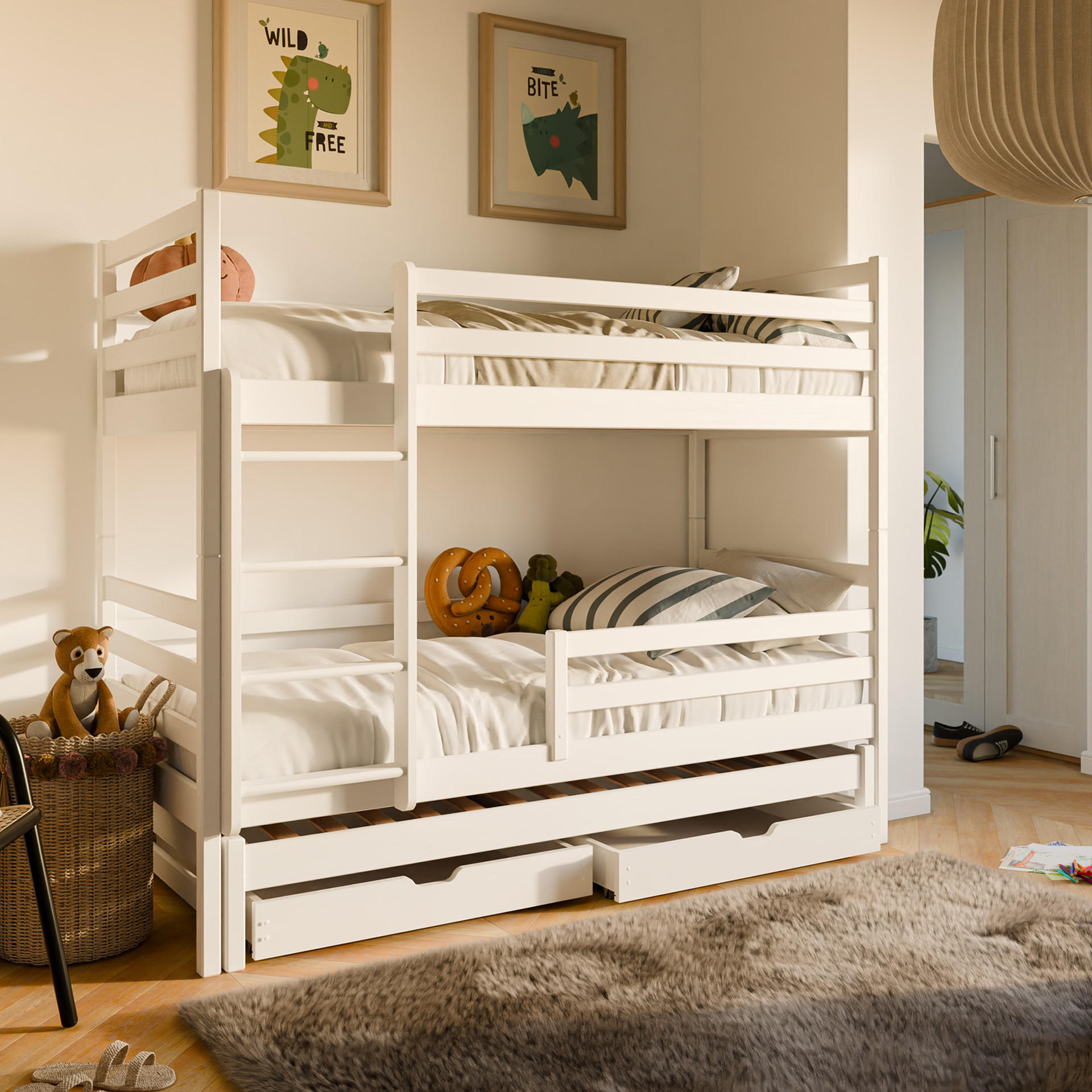ETAGENBETT Joel mit zwei Schubladen - Weiß, Holz (90/200cm) - Kids Collective