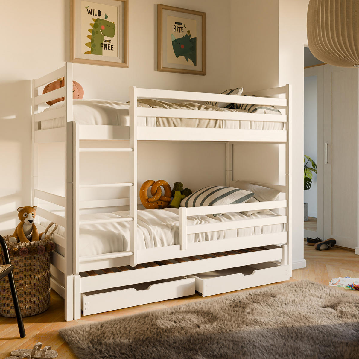 ETAGENBETT Joel mit zwei Schubladen - Weiß, Holz (90/200cm) - Kids Collective
