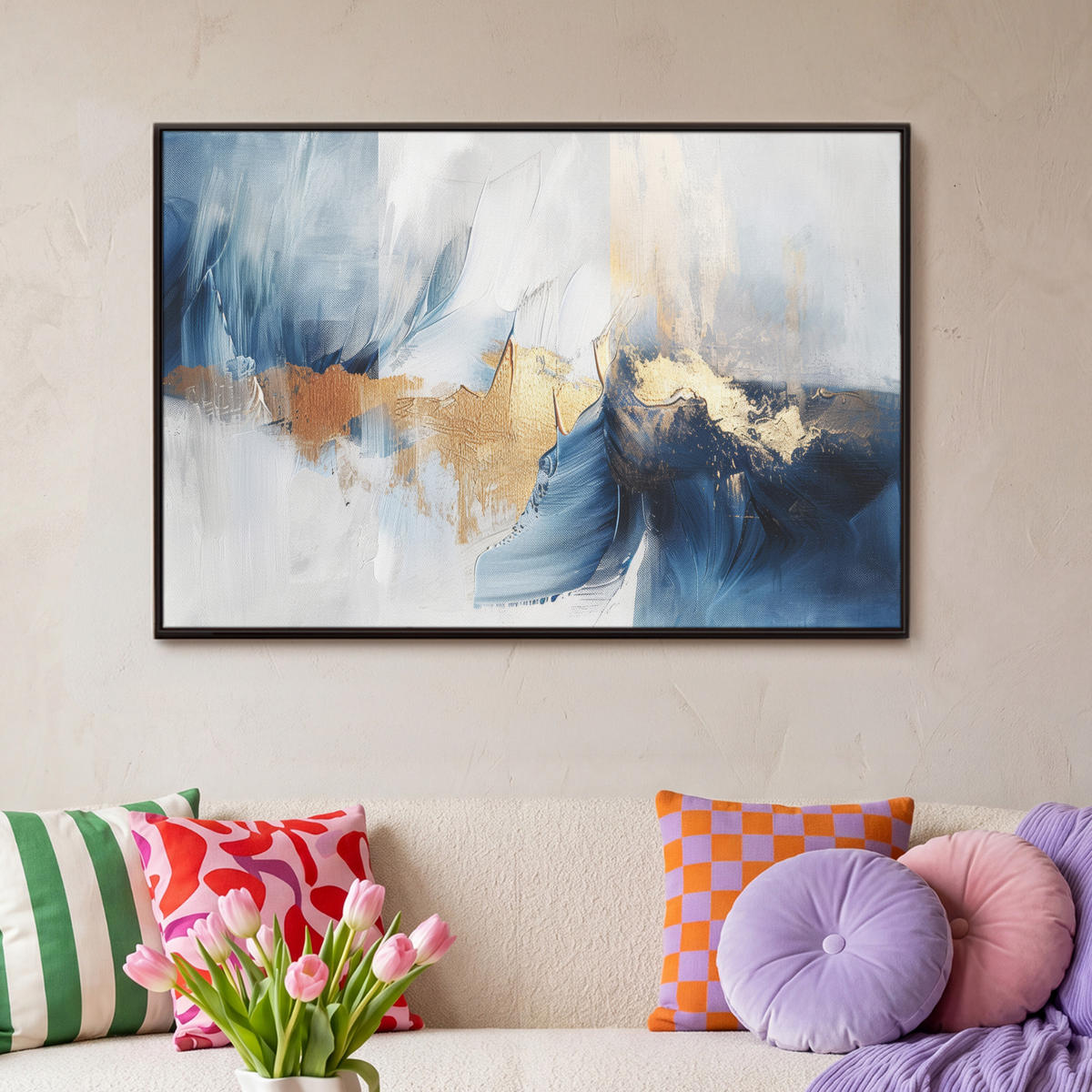 LEINWAND Bilder mit Rahmen - Gold - Blau - Aquarell - Kunst - Modern - 90x60 - Hellblau, Textil (90/60cm) - MuchoWow
