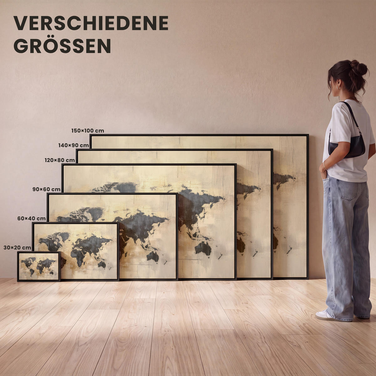 LEINWAND Bilder mit Rahmen - Weltkarte - Gold - Schwarz - Abstrakt - 150x100 - Kupferfarben, Textil (150/100cm) - MuchoWow
