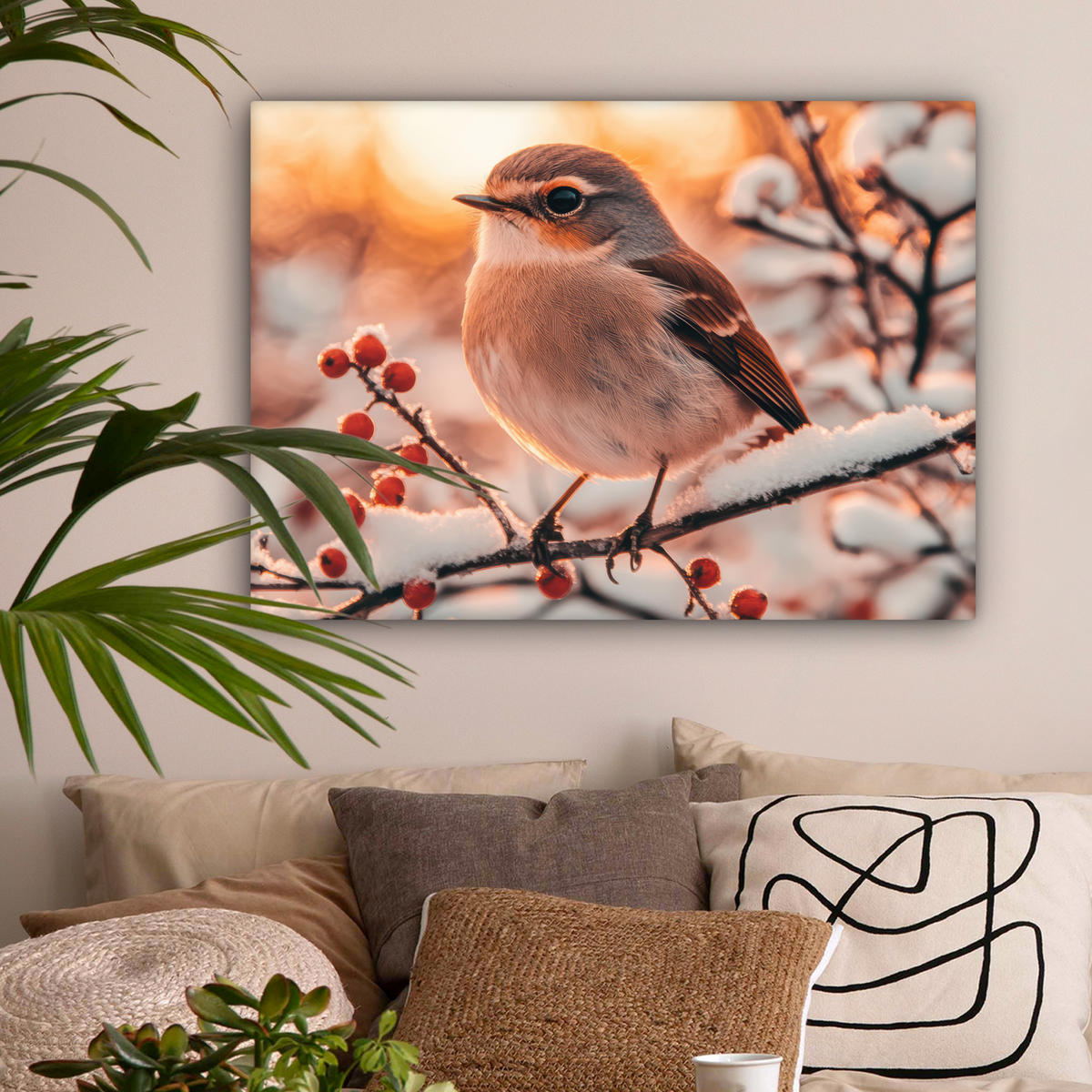 LEINWANDBILD Vogel - Zweig - Winter - Tiere - Schnee Wandbilder 80x60 cm - Bernsteinfarben, Textil (80/60cm) - MuchoWow