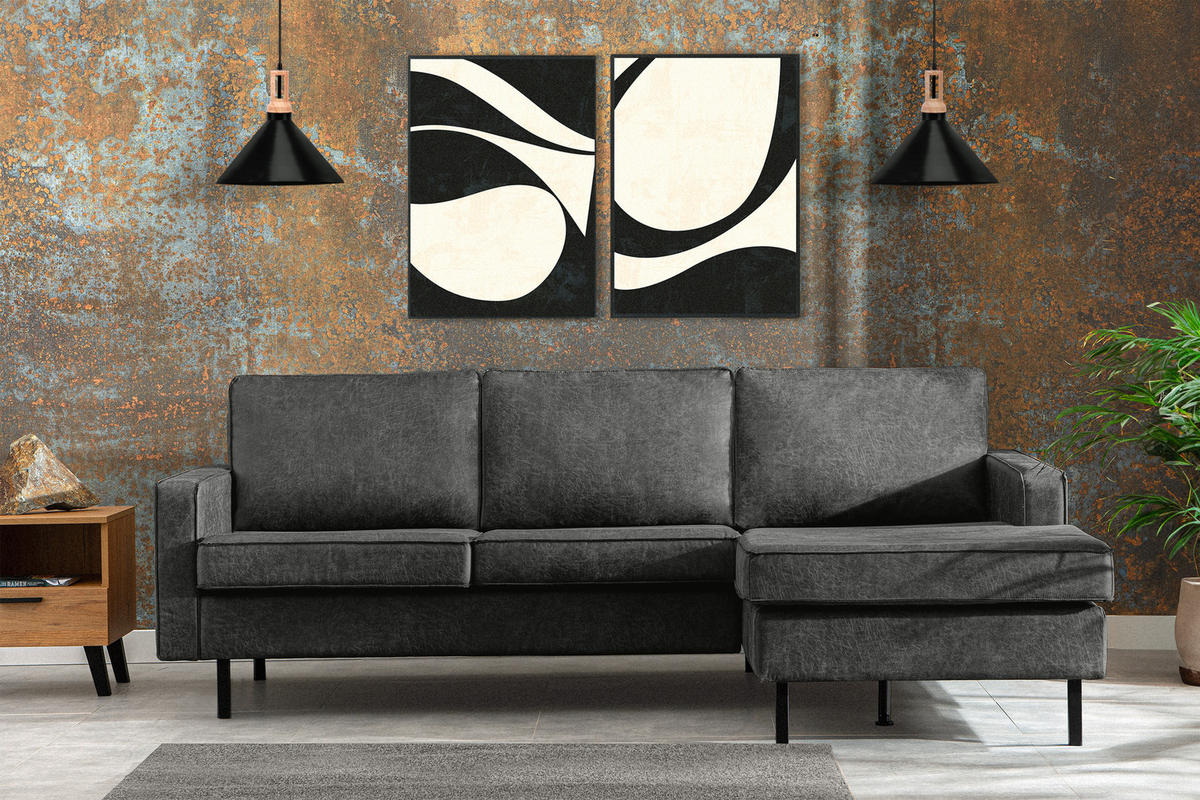 ECKSOFA-RECHTS INVIA mit Armlehnen vintage, Lederoptik-Stoff, dunkelgrau - Dunkelgrau/Schwarz, Textil (234/160cm) - KONSIMO®