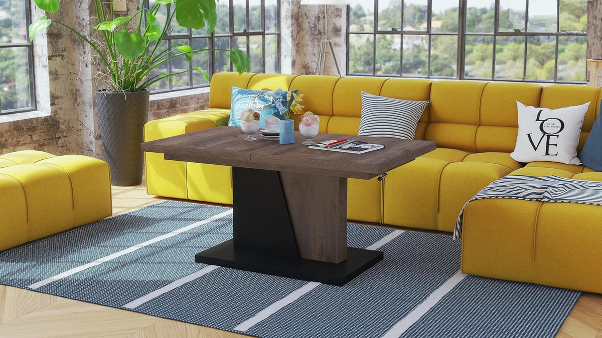 COUCHTISCH rechteckig Eiche dunkel - Schwarz ausziehbar höhenverstellbar - Eichefarben/Schwarz, Holzwerkstoff (70/120/60cm) - designimpex