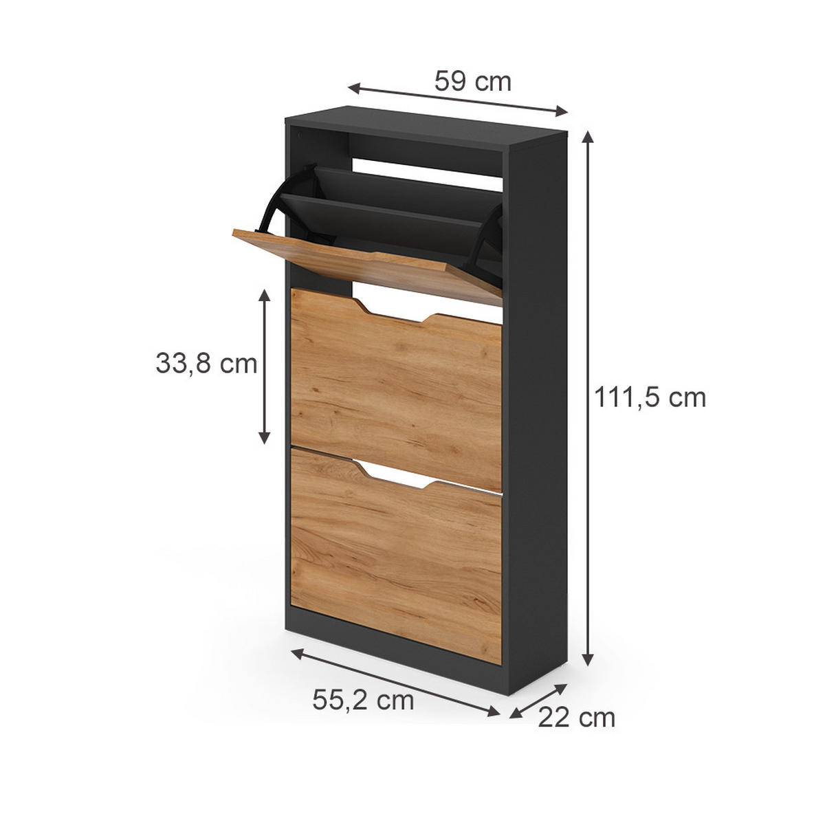 SCHUHKIPPER Luca, Anthrazit/Goldkraft Eiche, 59 x 111.5 cm mit 3 Kippfächern - Honigeiche/Anthrazit, Holzwerkstoff (59/111.5/22cm) - Vicco