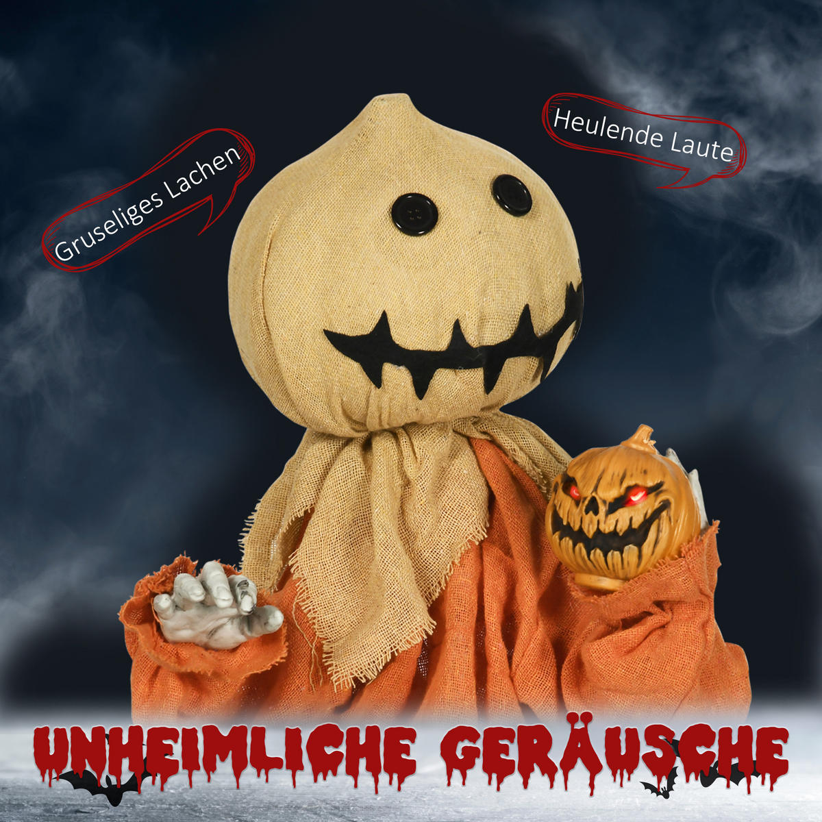 HALLOWEEN-DEKORATION Vogelscheuche 77 cm mit rot leuchtenden Augen, Soundfunktion - Orange, Textil (26/77/60cm) - HOMCOM