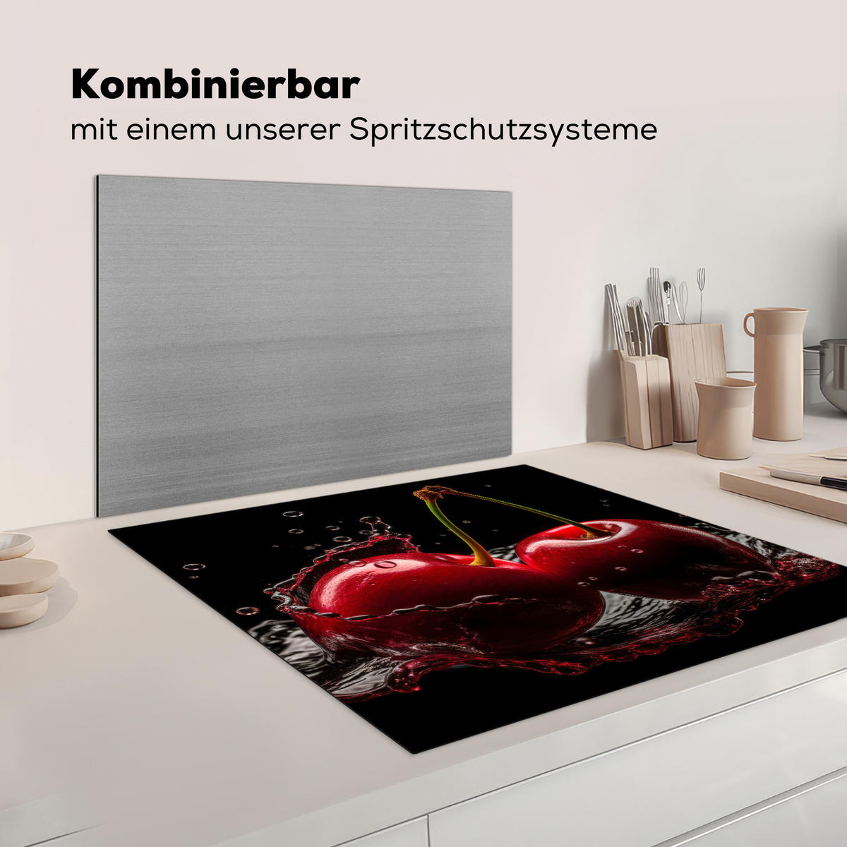 KRYT NA INDUKČNÍ DESKU Třešeň - červená - ovoce - voda - černá 78x78 cm - třešňová červená, plast (78/78/0.2cm) - MuchoWow