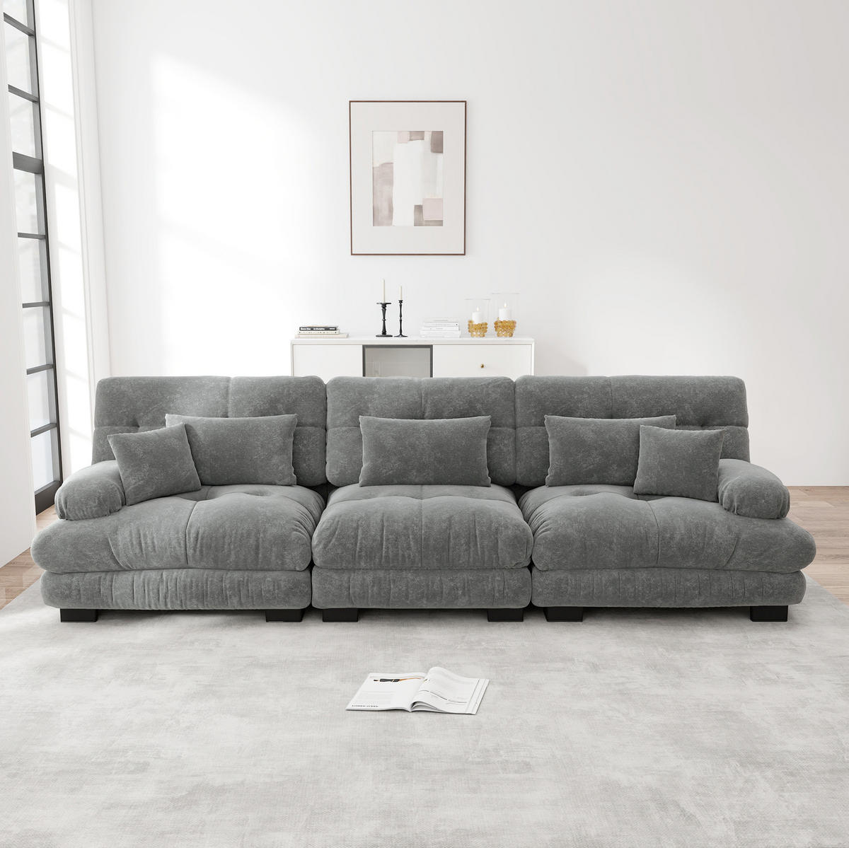 SOFA in Grau mit Tiefensitz und Chenillebezug - Grau, Textil (77/81/313cm) - Flora Grace