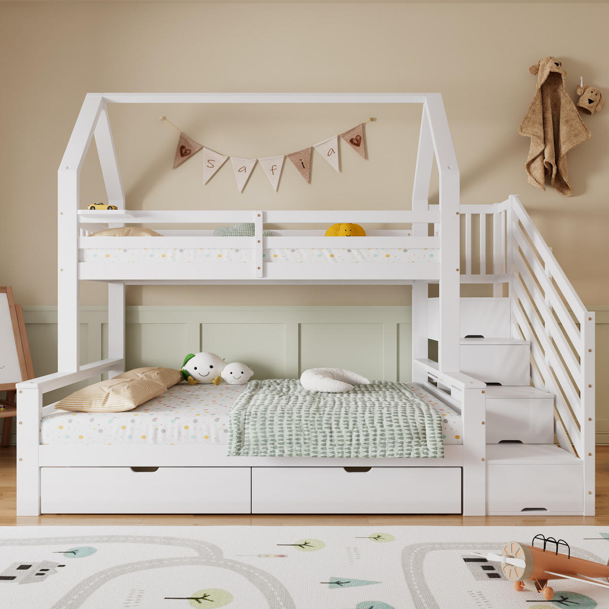 ETAGENBETT 90/200 cm und 140/200 cm Weiß mit Dachdesign und Stauraum - Weiß, Holzwerkstoff (90/200cm) - OKWISH