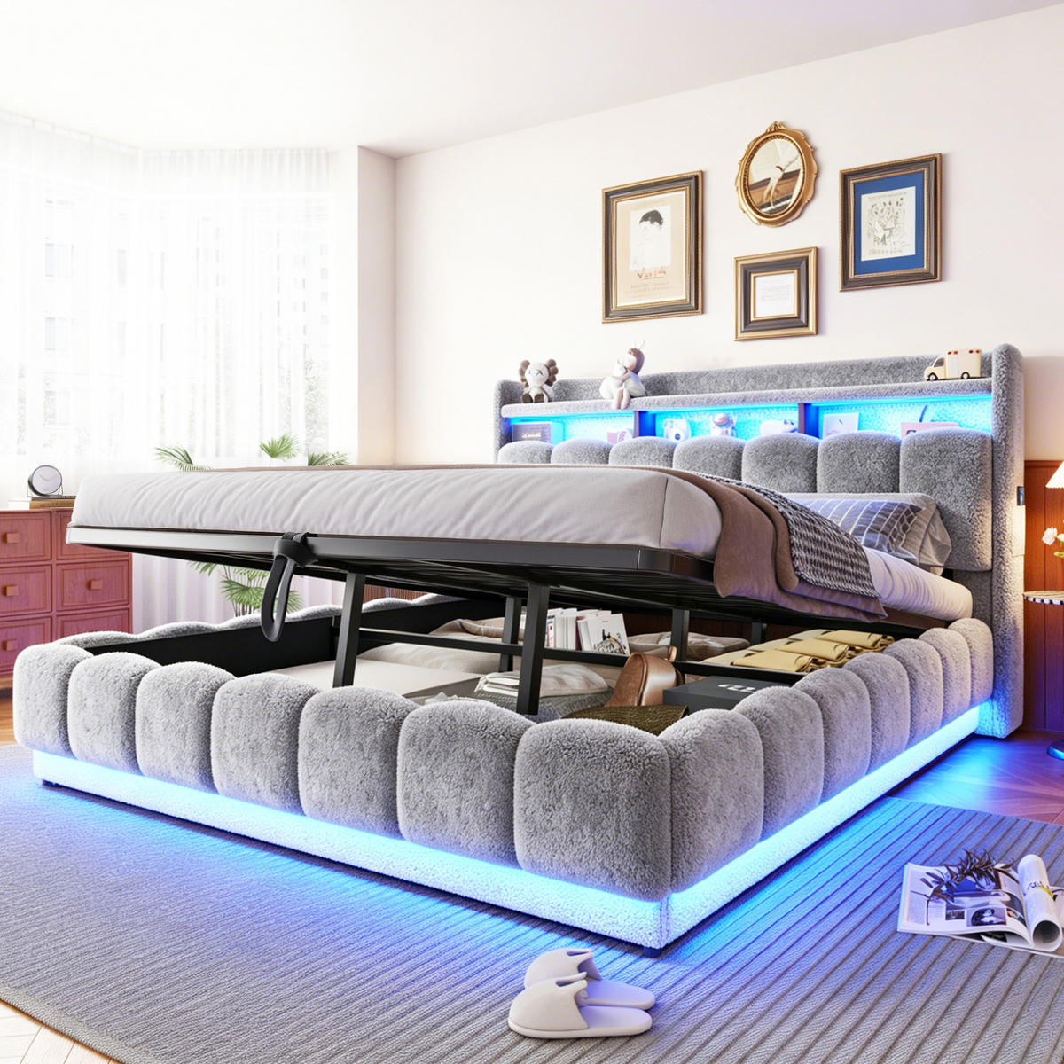 POLSTERBETT 180/200 cm in Grau mit Bettkasten, LED und USB-Anschluss aus Stoff und Metall - Grau, Textil/Metall (180/200cm) - STILVORA