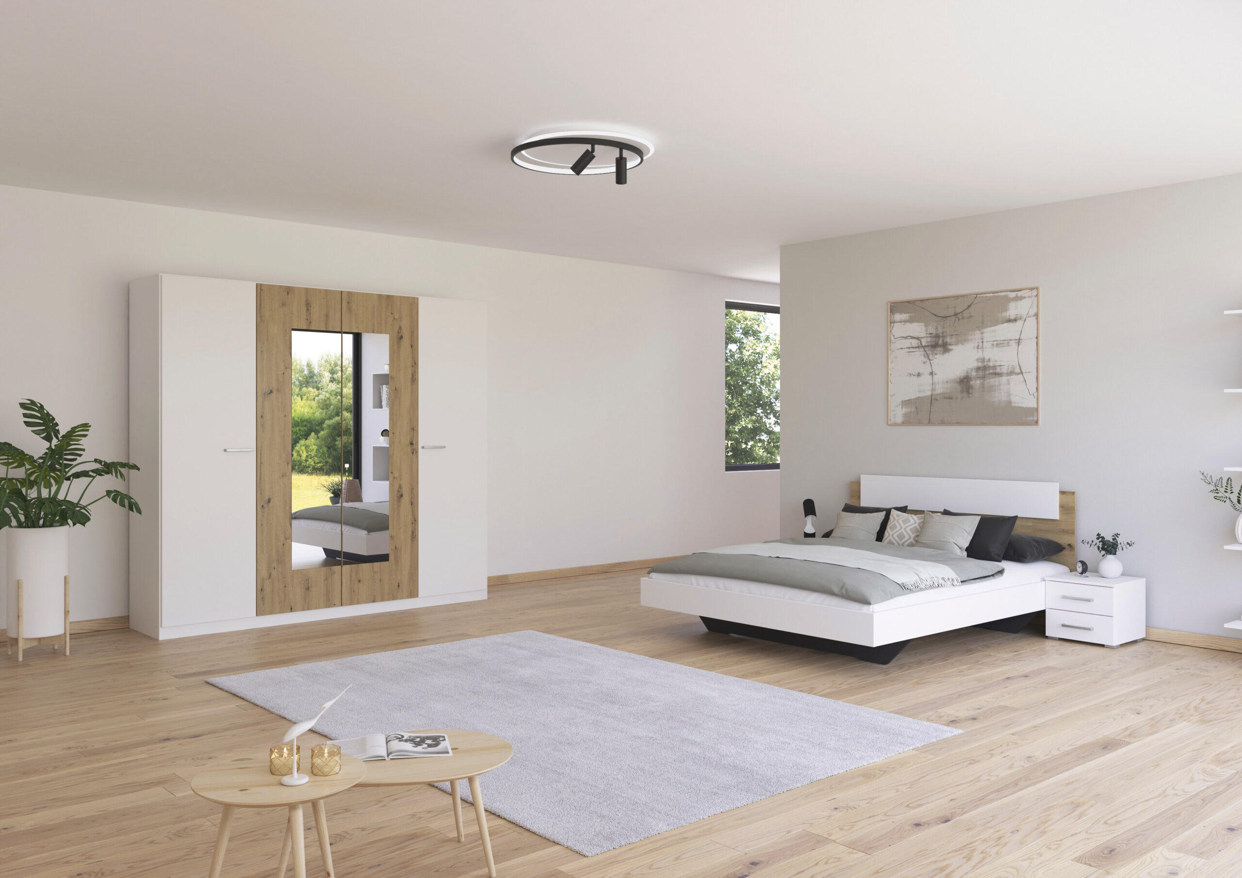 SCHLAFZIMMER Borba in Weiß und Eiche 4 teilig – mit Bettanlage 160x200cm, zwei Nachttisch und Drehtürenschrank 225cm Breite - Weiß, Holzwerkstoff (80/200/120cm)