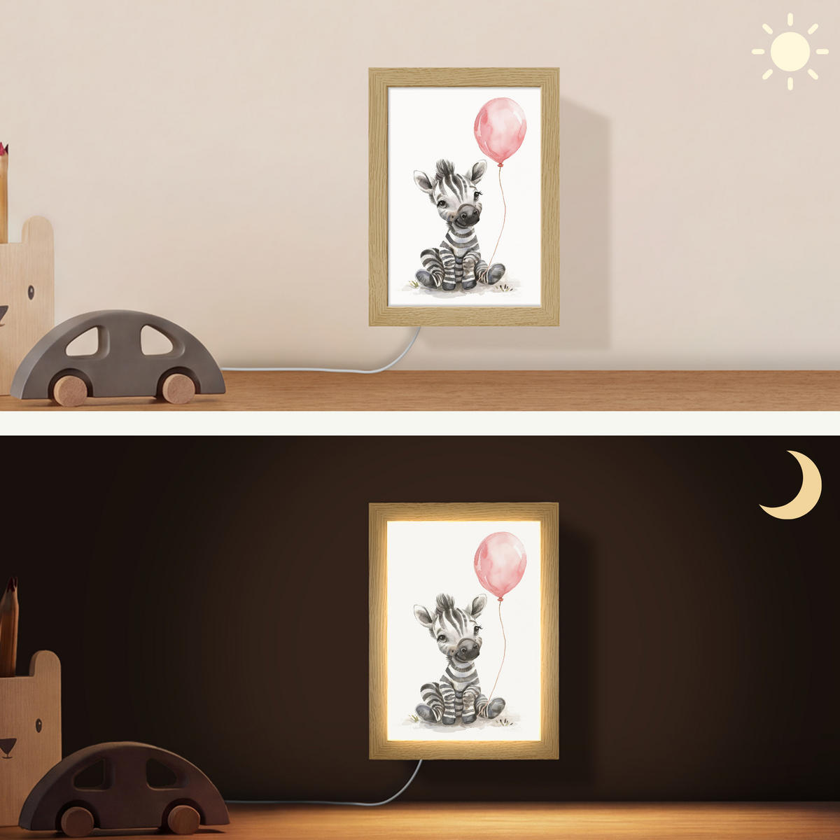 WANDLEUCHTE Zebra - Baby - Tiere - Rosa Luftballon 15x20 cm - Weiß, Holzwerkstoff (15/20/8cm) - OnlyWow