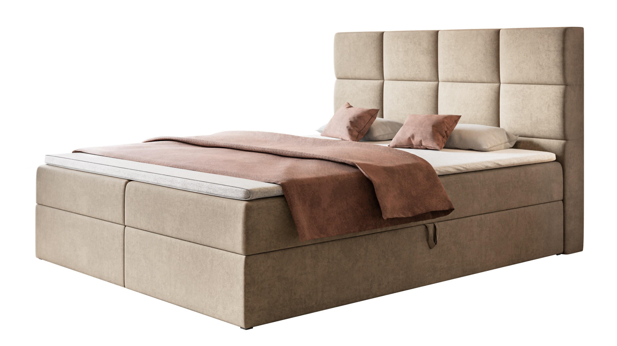 BOXBETT ROMA mit 2 Bettkästen, 180x200, Farbe: Sand, Velourstoff, Doppelbett mit Bonell-Matratze - Sahara, Holz/Kunststoff (180/200cm) - Alpi-Möbel