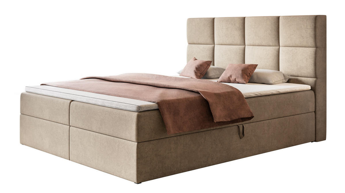 BOXBETT ROMA mit 2 Bettkästen, 180x200, Farbe: Sand, Velourstoff, Doppelbett mit Bonell-Matratze - Sahara, Holz/Kunststoff (180/200cm) - Alpi-Möbel