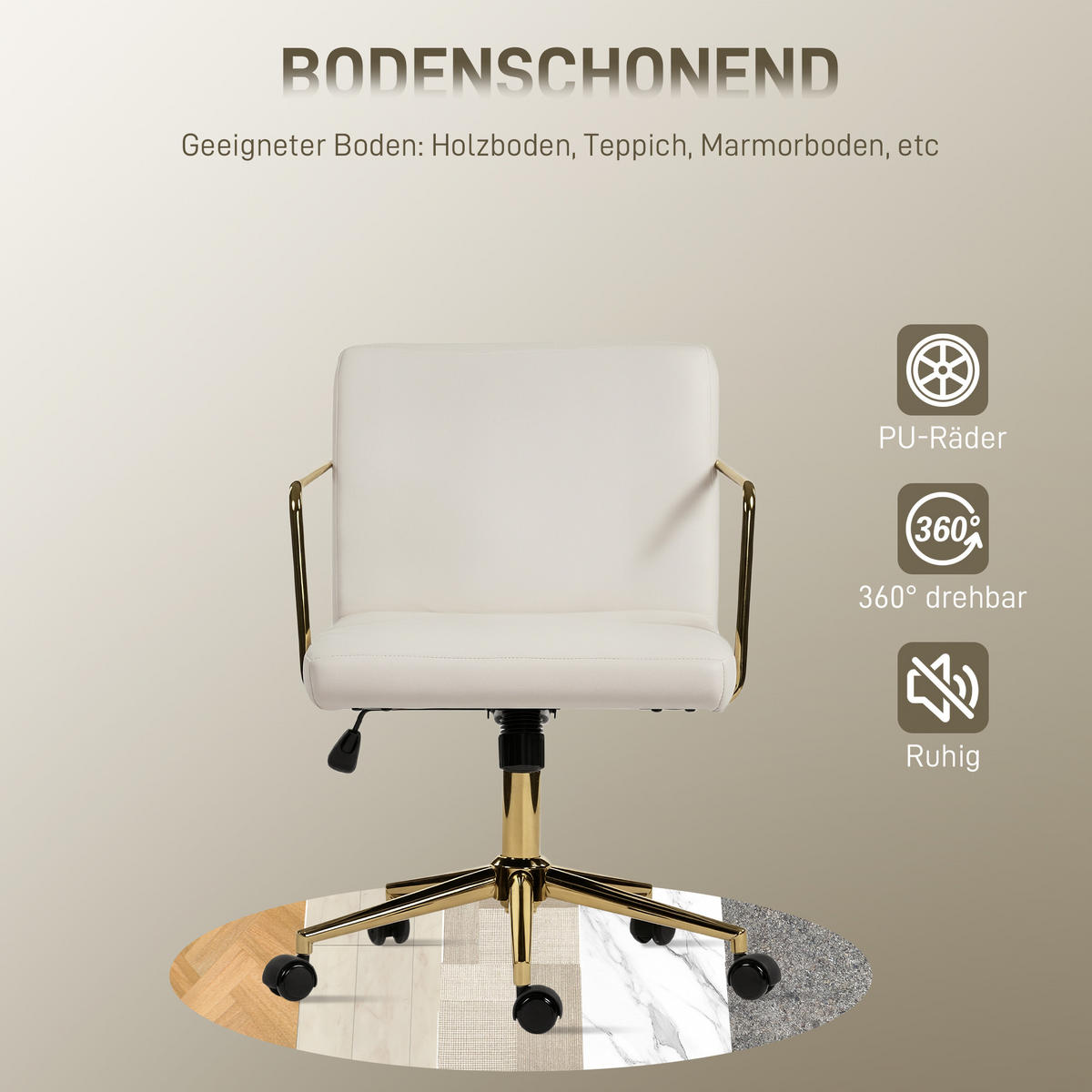 SCHREIBTISCHSTUHL höhenverstellbarer Bürostuhl mit Samtoptik Kippfunktion Creme - Goldfarben/Creme, Textil/Metall (57/90/64cm) - HOMCOM