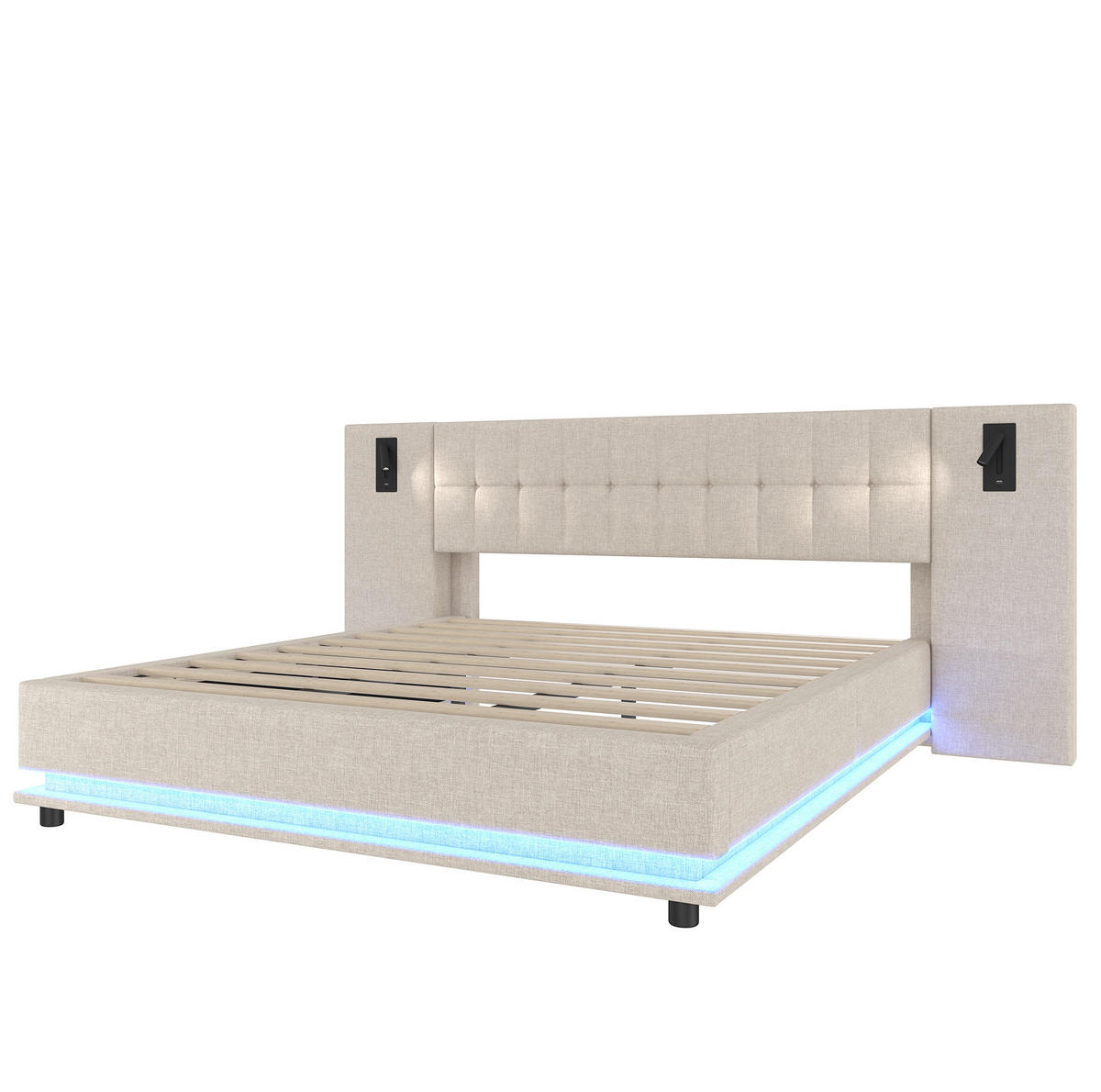 POLSTERBETT mit LED-Leiste 180x200 cm Leinen Beige - Beige, Metall (180/200cm) - Meubliv