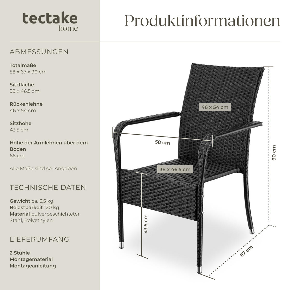 RATTANSTUHL 2er Set Girona,58 x 67 x 90 cm, Belastbarkeit 120 kg,schwarz - Schwarz, Kunststoff (58/90/67cm) - tectake