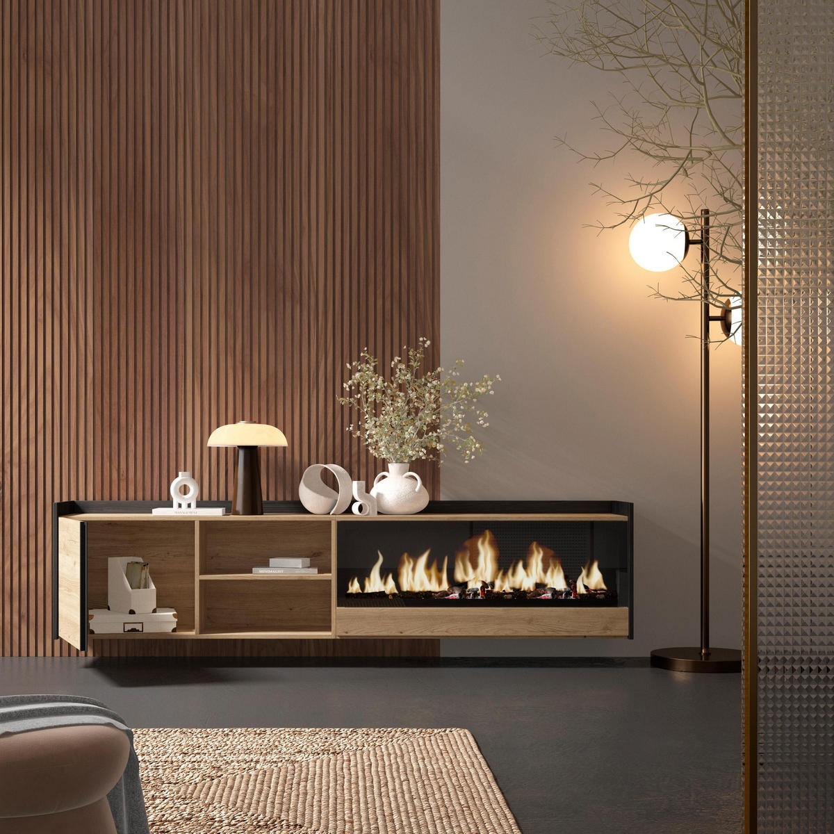 LOWBOARD, Eiche und Schwarz, 212/35/50cm, Kamin mit Feuereffekt XXL - Eichefarben, Holzwerkstoff (212/50/35cm) - Skraut Home