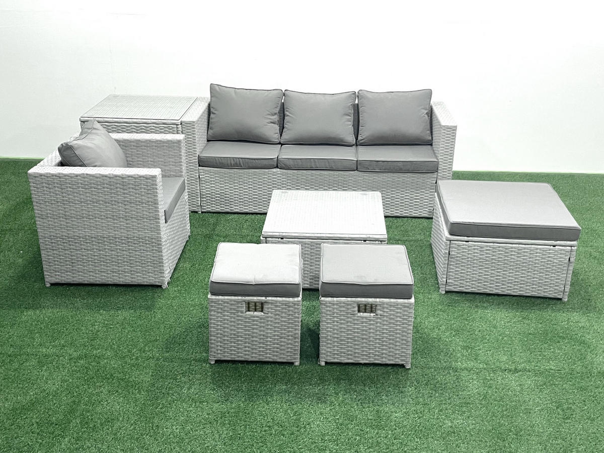 GARTENMÖBELSET mit 3-SITZER SOFA,COUCHTISCH Polyrattan Hellgrau-Mix 7-Sitzer - Hellgrau/Grau, Glas/Kunststoff - Fimous