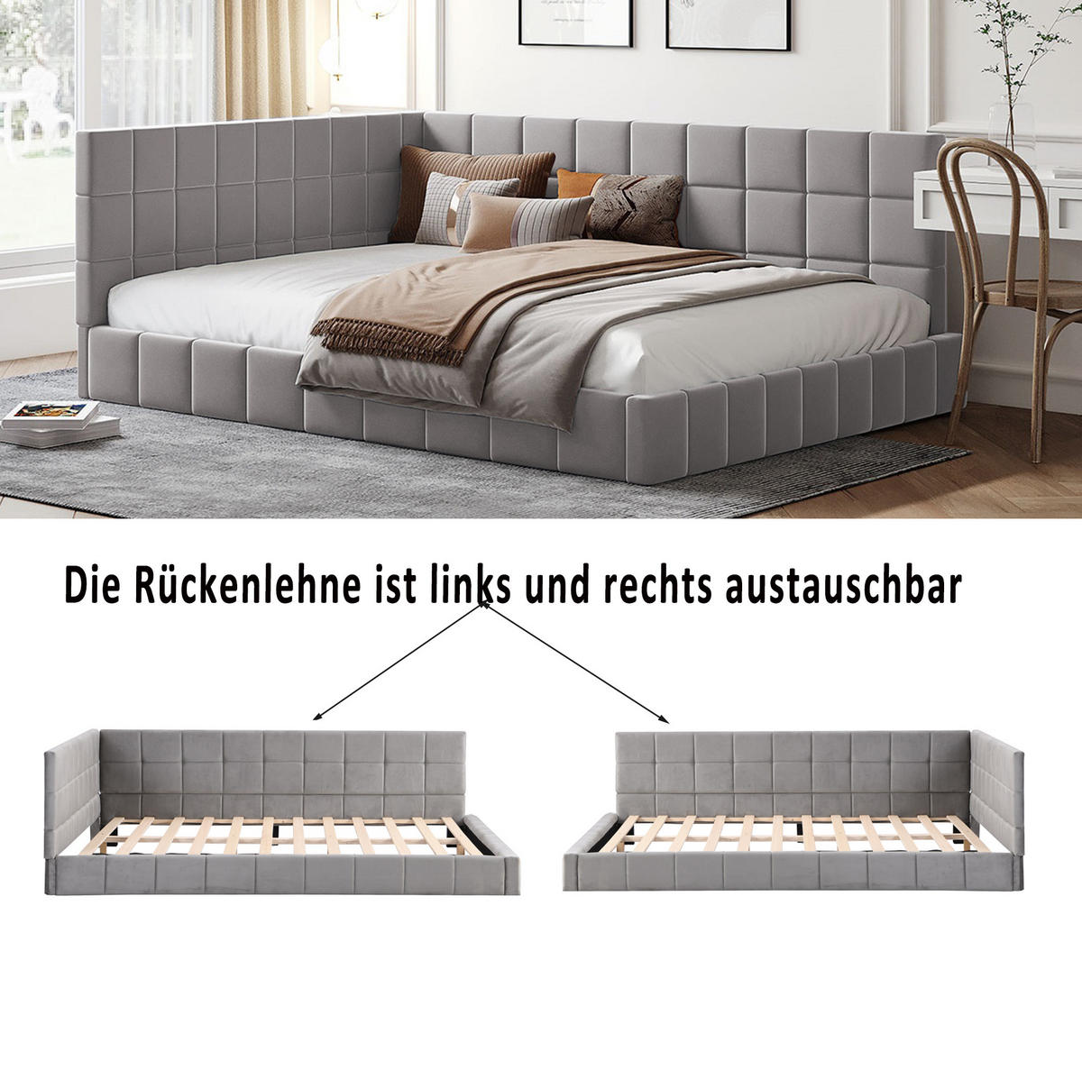 POLSTERBETT 140/200 cm Grau aus Stoff mit Lattenrost - Grau, Leder (140/200cm) - OKMYHOME