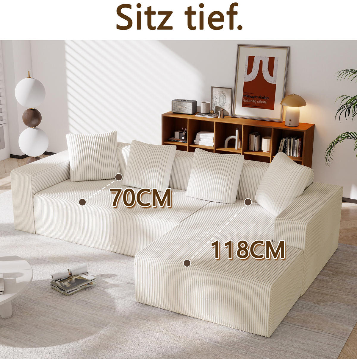 ROHOVÁ pohovka z manšestru 261x146x65 cm bílá, modulární s lenoškou a hlubokým sedem - bílá, textil (146/65/261cm) - Modfu