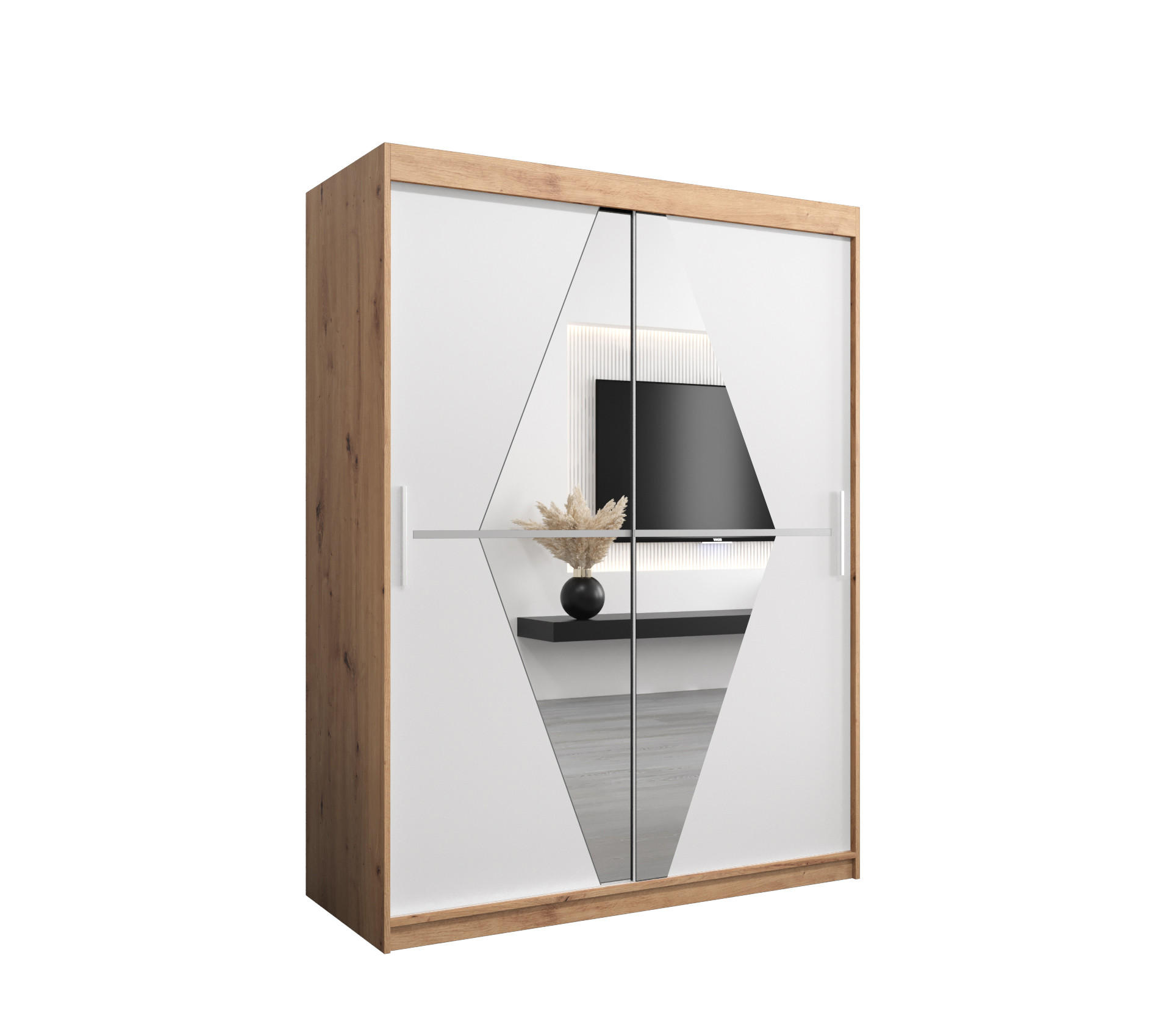 Abiks Möbel Schwebetürenschrank Eiche Artisan, Weiß 150x200x62 cm