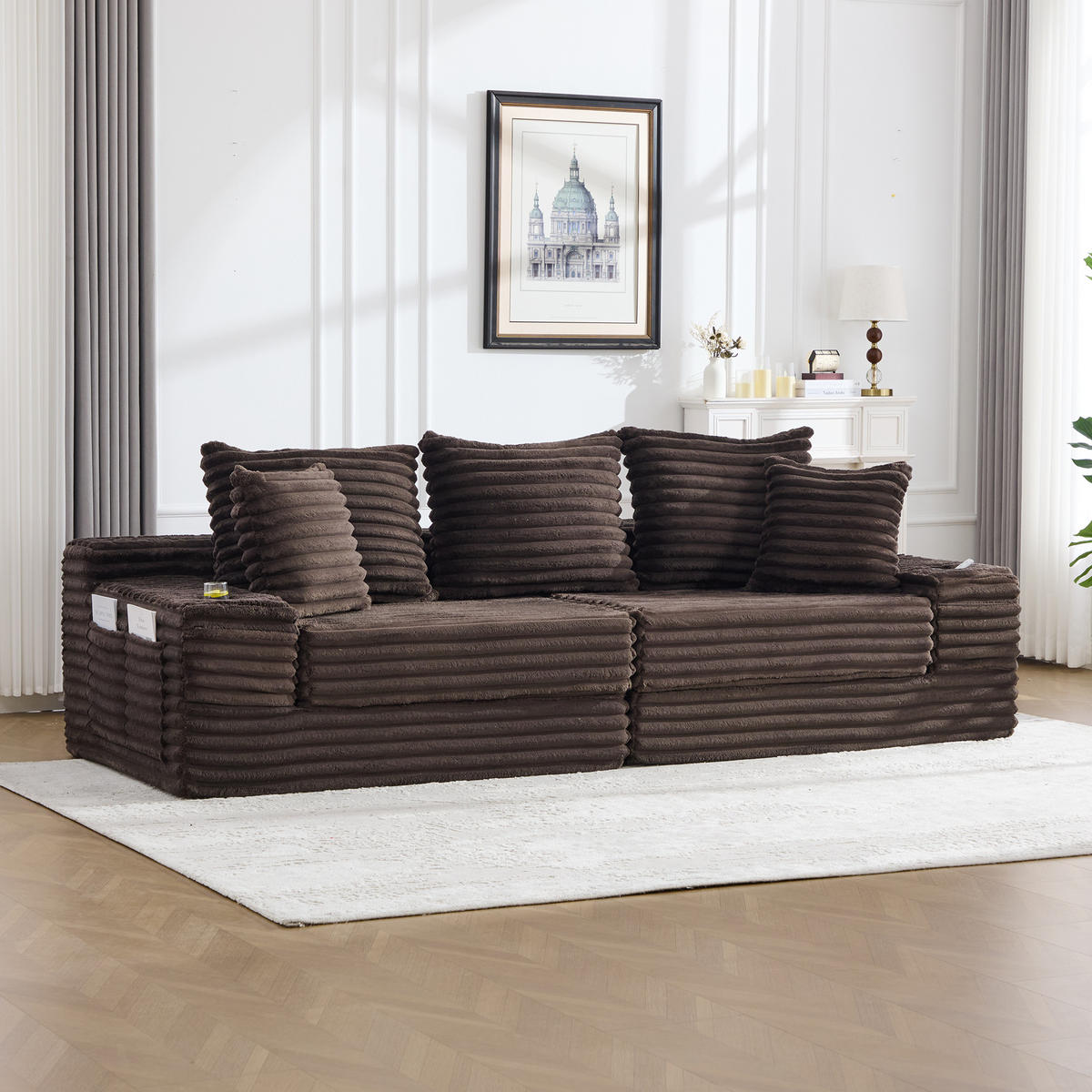 SCHLAFSOFA aus Cord mit Getränkehaltern und Kissen, Kaffeebraun - Mokka, Textil (107.48/34.25/38.58cm)