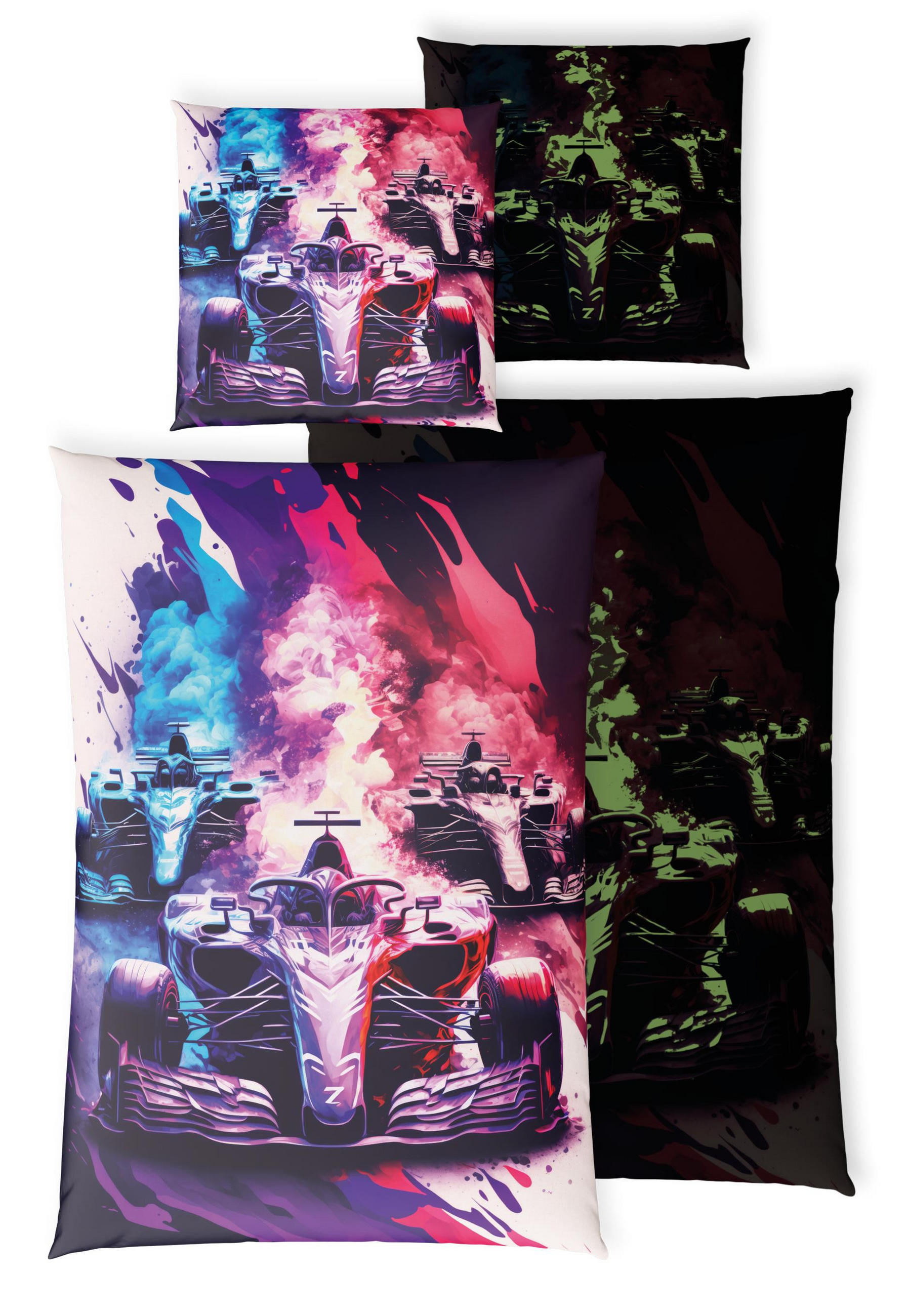 KINDERBETTWÄSCHE 135x200 cm Rennauto Autos aus 100% Baumwolle - Leuchtet um Dunkeln - Multicolor, Textil (135/200cm) - Carpe Sonno