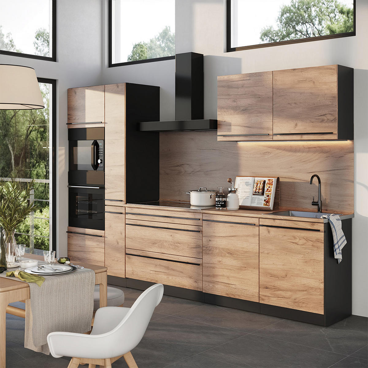 KÜCHENZEILE R-Line, Goldkraft Eiche/Anthrazit, 310 cm Arbeitsplatte Anthrazit - Honigeiche/Anthrazit, Holzwerkstoff (310/206.8/60cm) - Vicco