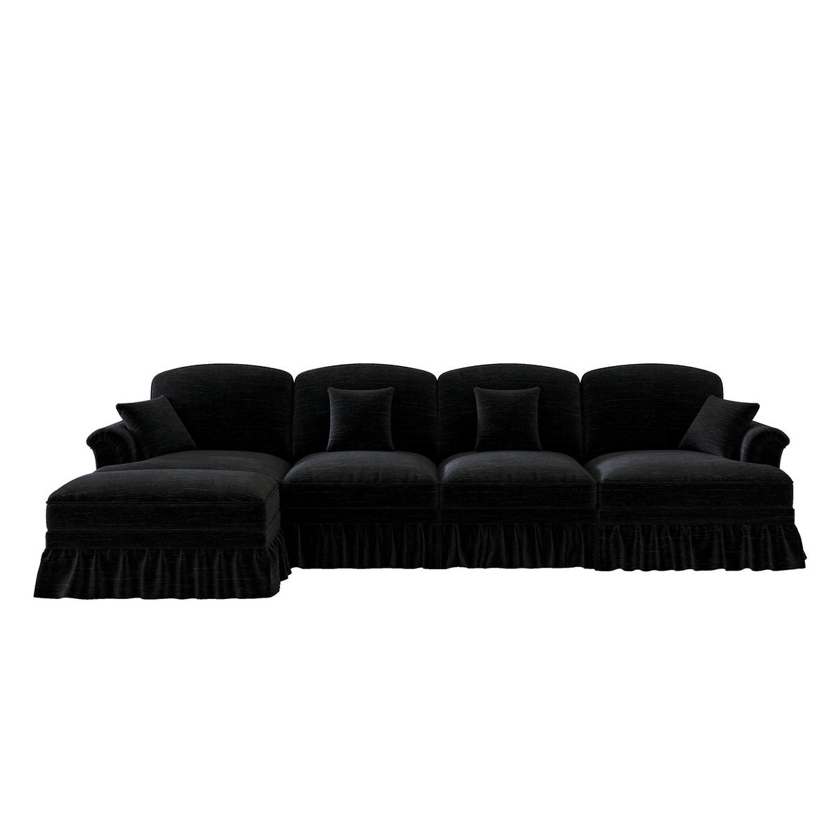 ECKSOFA 350/140/93 cm schwarz aus Chenille mit Rüschenrock und beweglichem Hocker - Schwarz, Textil (140/350cm) - OKWISH