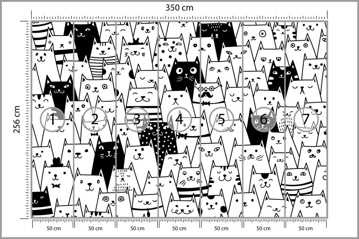 FOTOTAPETE für Kinderzimmer Schwarze Weiße Comic Katzen 350x256 - Schwarz/Weiß, Papier (350/256cm) - Muralo
