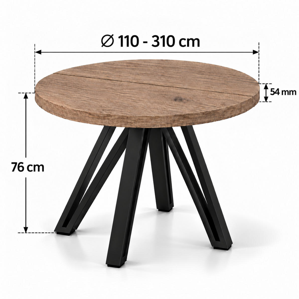 ESSTISCH rund ausziehbar 110/310/76 cm, Graubraun Eiche Halifax Egger, 54 cm Tischplatte + Industrial Metallgestell Schwarz - Graubraun/Schwarz, Holzwerkstoff/Metall (110/310/76cm) - Damale Möbel