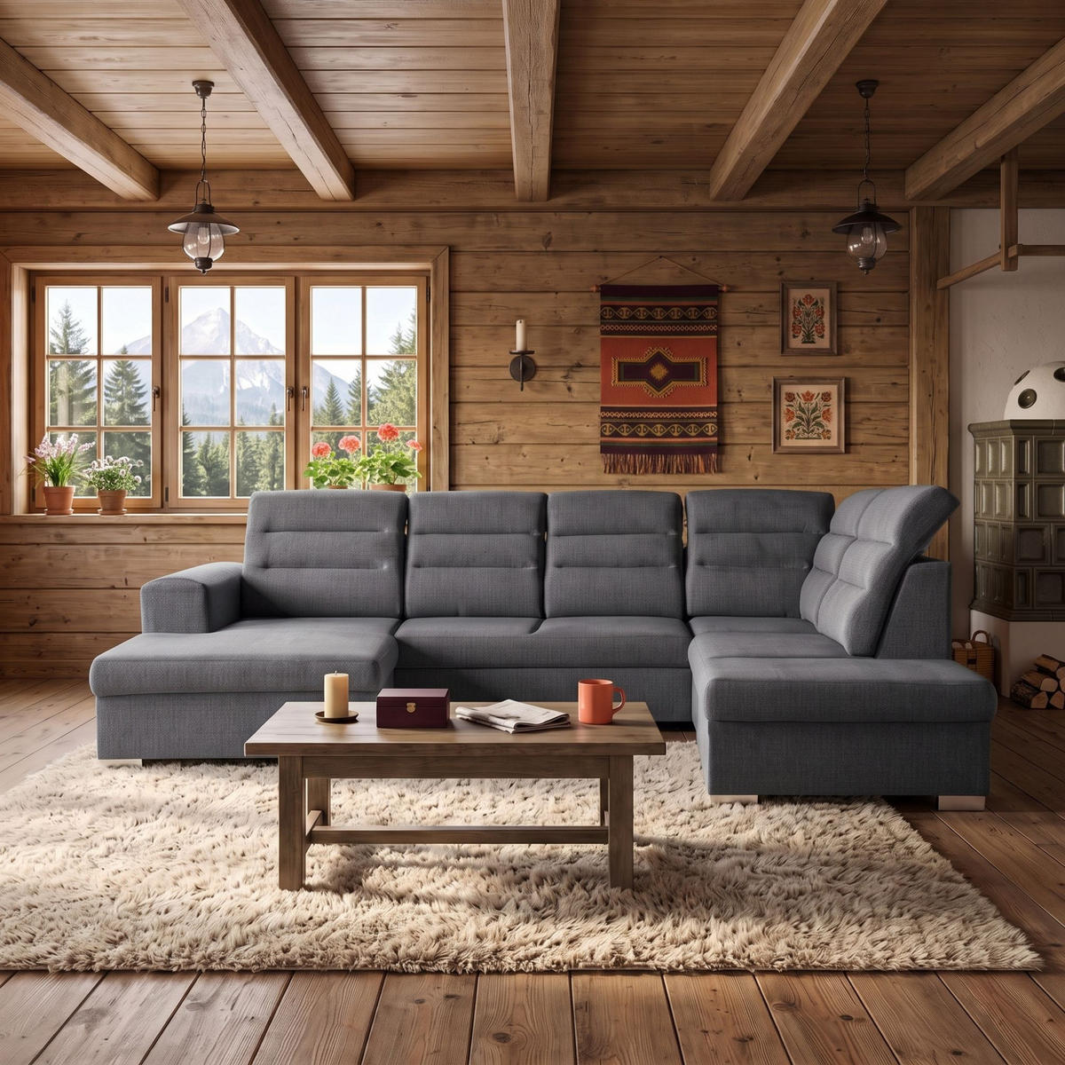 ECKSOFA U-Form CLOUD U Rechts mit Schlaffunktion 120x252 Velours Dunkelgrau - Dunkelgrau/Silberfarben, Holz/Kunststoff (202/103/320cm) - Muffo
