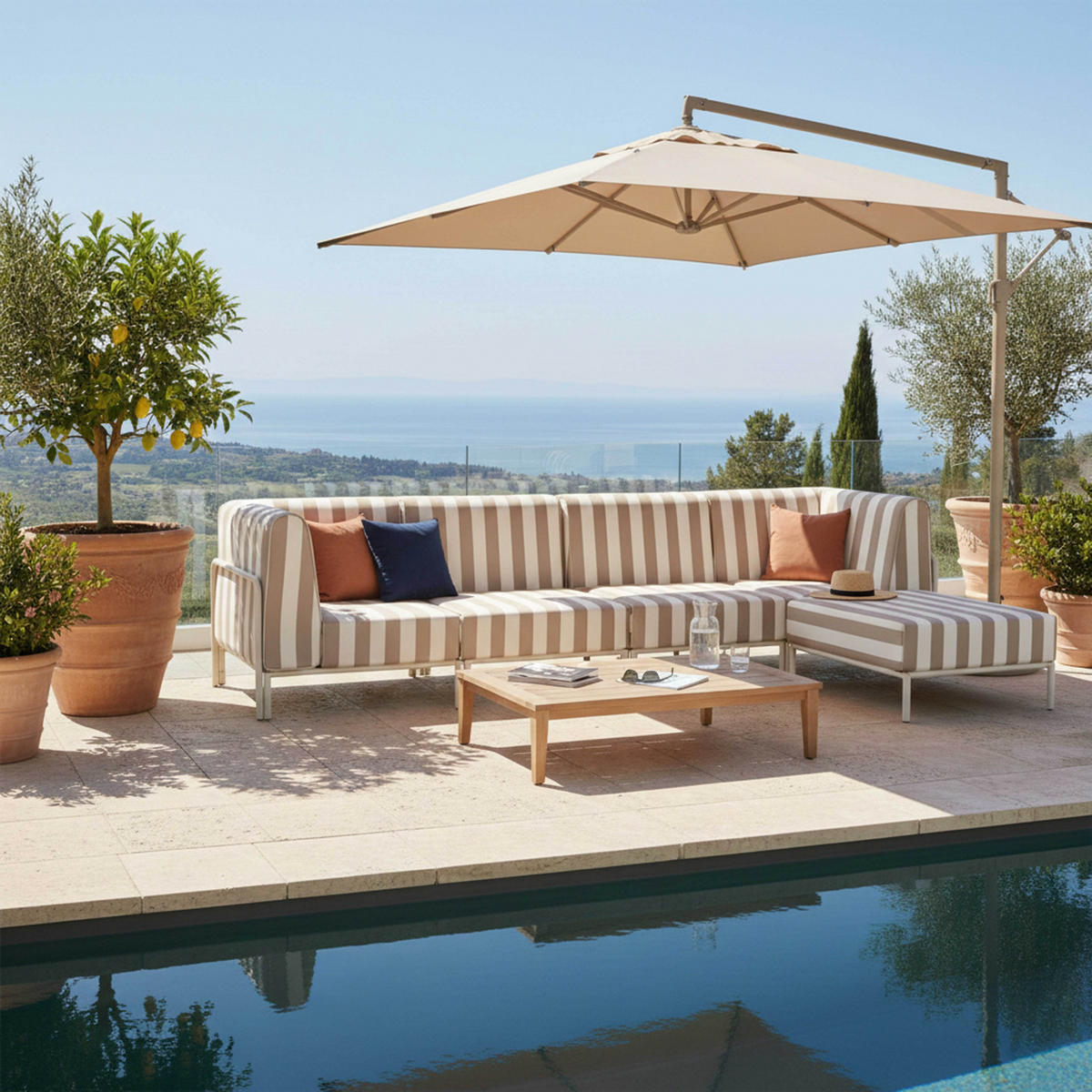 GARTENSOFA mit 5 Sitzplätzen, Beige - Beige, Metall - Oviala