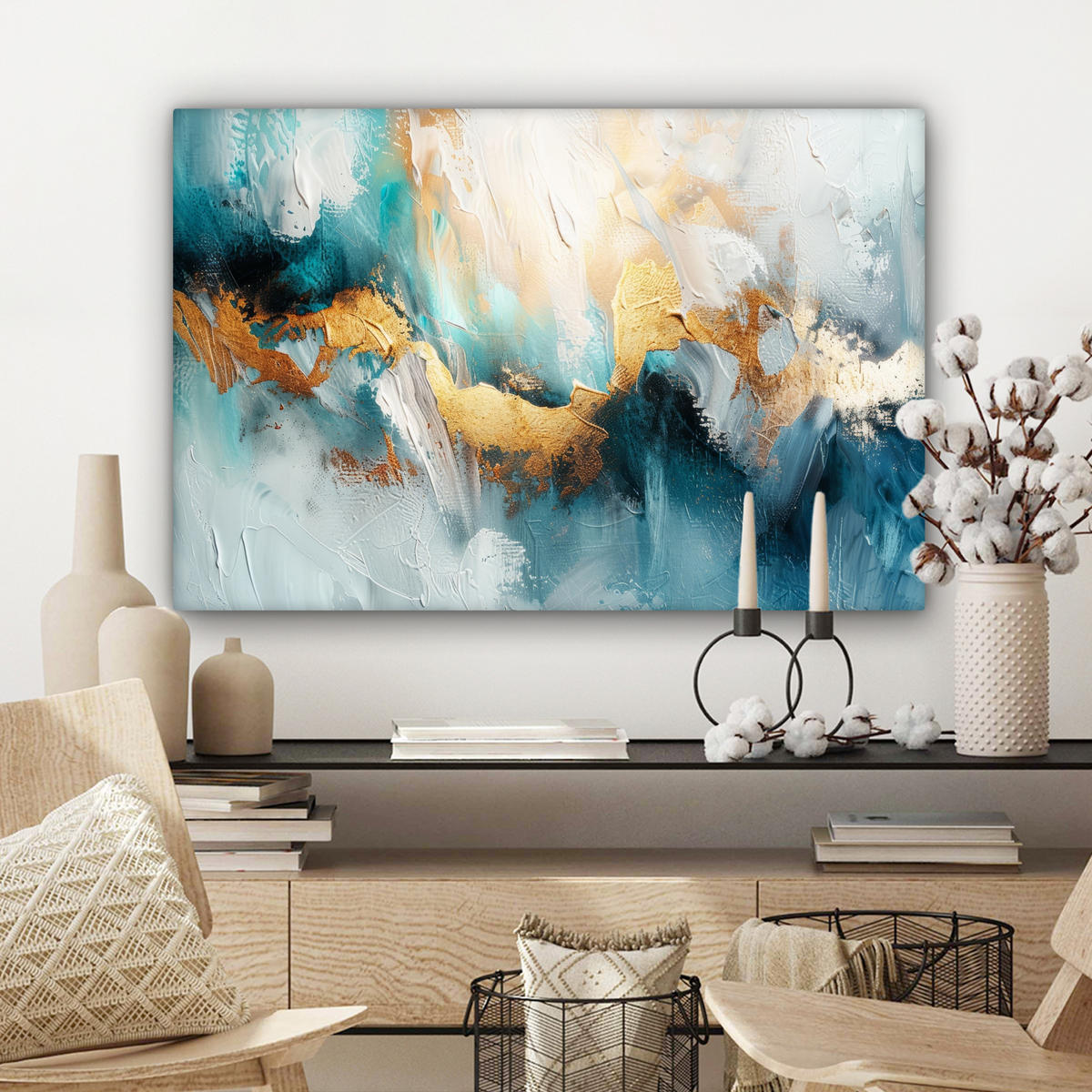 LEINWANDBILD Abstrakt - Kunst - Gold - Blau Gemälde 60x40 cm - Petrol, Textil (60/40cm) - MuchoWow