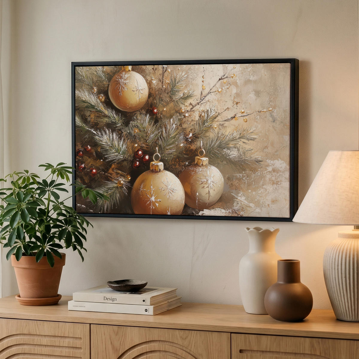 LEINWAND Bilder mit Rahmen - Weihnachten - Kugeln - Beige - Gold - 60x40 - Goldfarben, Textil (60/40cm) - MuchoWow