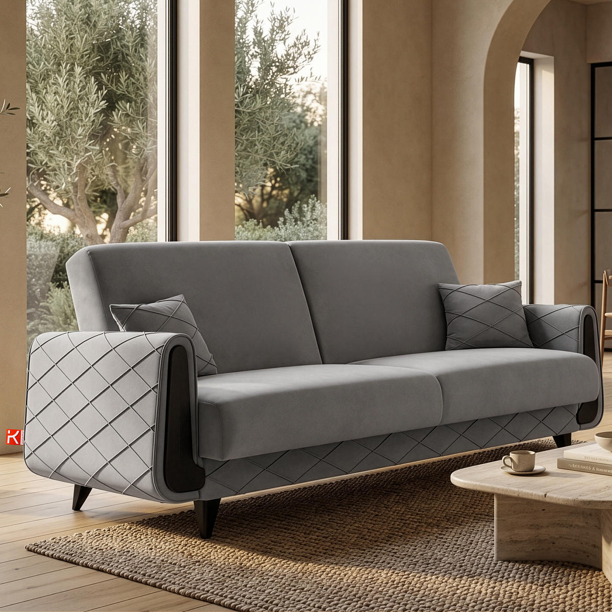 3-SITZER-SOFA GUSTAVO III Sofa 3 Velours, Hellgrau - Hellgrau, Holz/Holzwerkstoff (230/98/98cm) - KONSIMO®