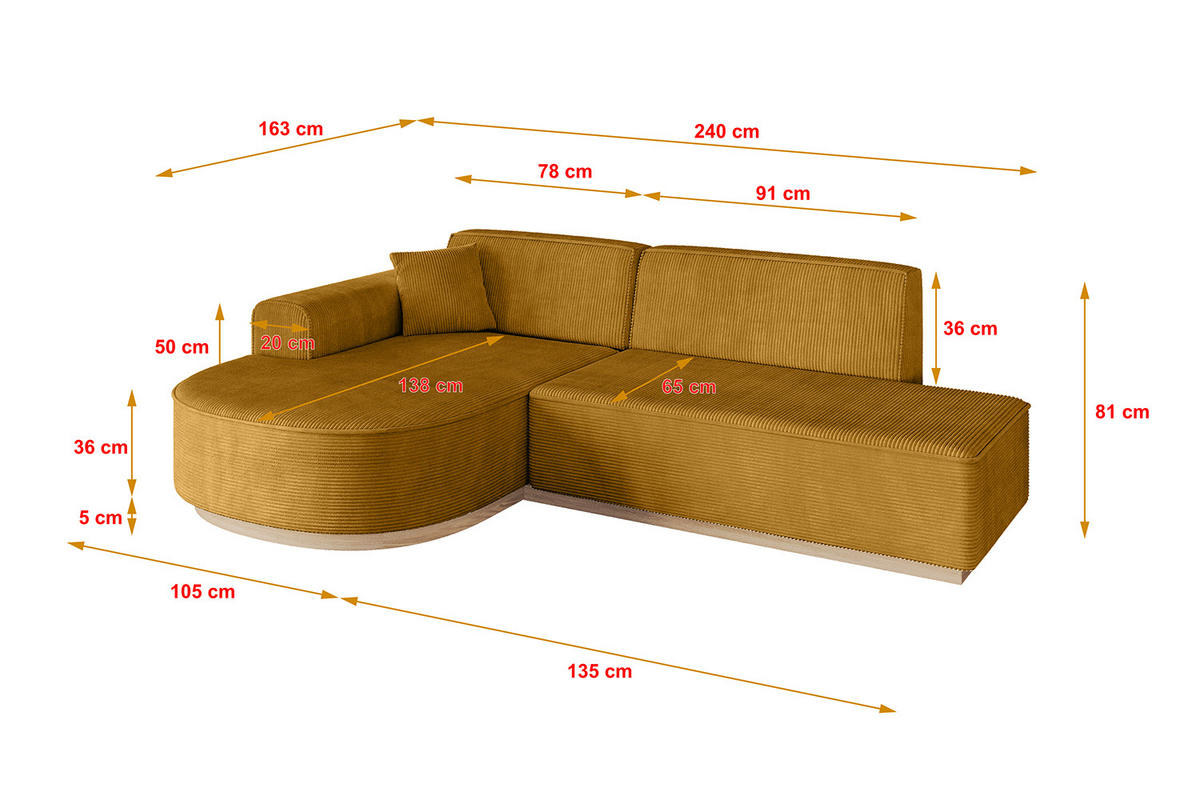 ECKSOFA Ottomane Links ARRIO-L1 - 243x171x83 cm Senfgelb - Currygelb/Gelb, Holzwerkstoff/Textil (243/171cm) - ALTDECOR