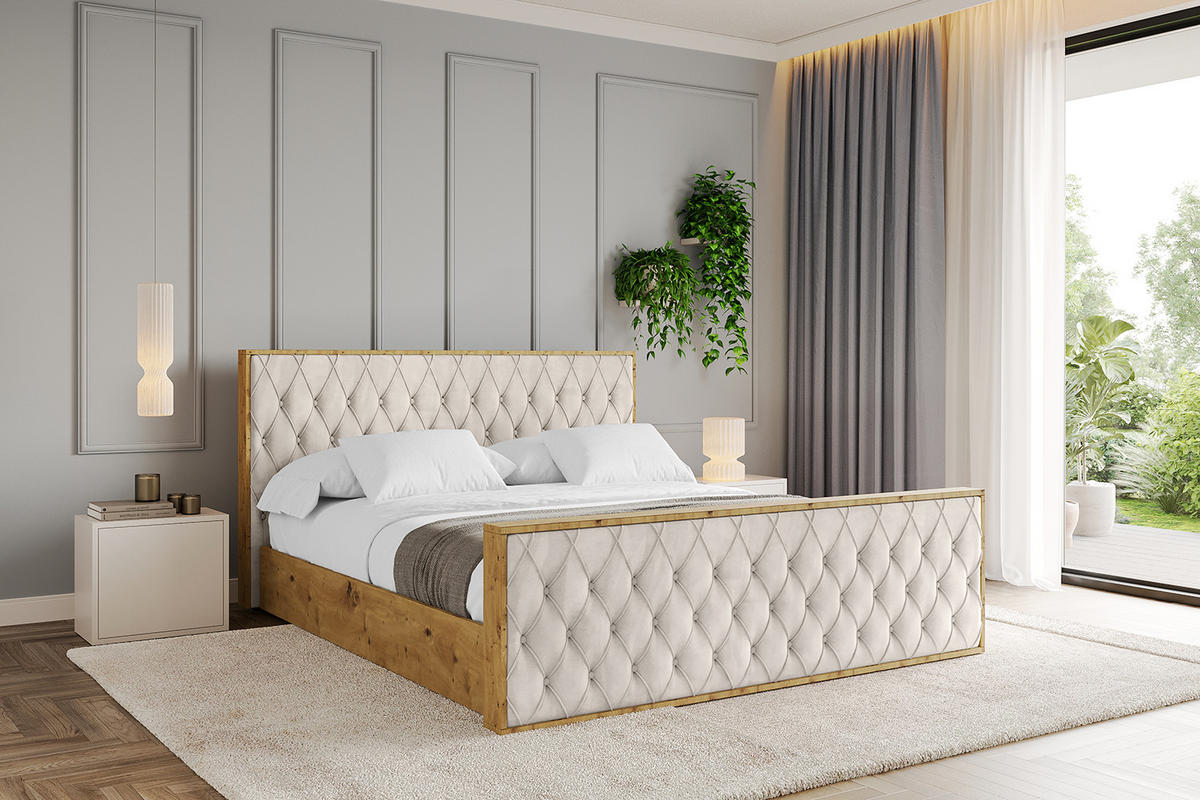 POLSTERBETT mit Bettkasten, Fußteil und Lattenrost, Boxbett ohne Matratze - ENZO5-Z 200x200 Beige - Beige, Holzwerkstoff/Textil (200/200cm) - ALTDECOR