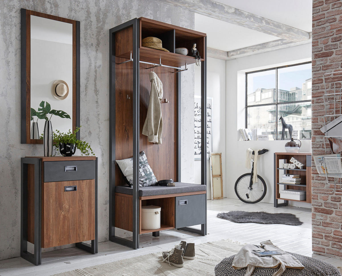 GARDEROBEN-SET 3-teilig, Eiche Stirling, grau, Garderobenkombination 155 x 202 cm - Eichefarben/Grau, Holzwerkstoff/Metall (155/202/45cm)