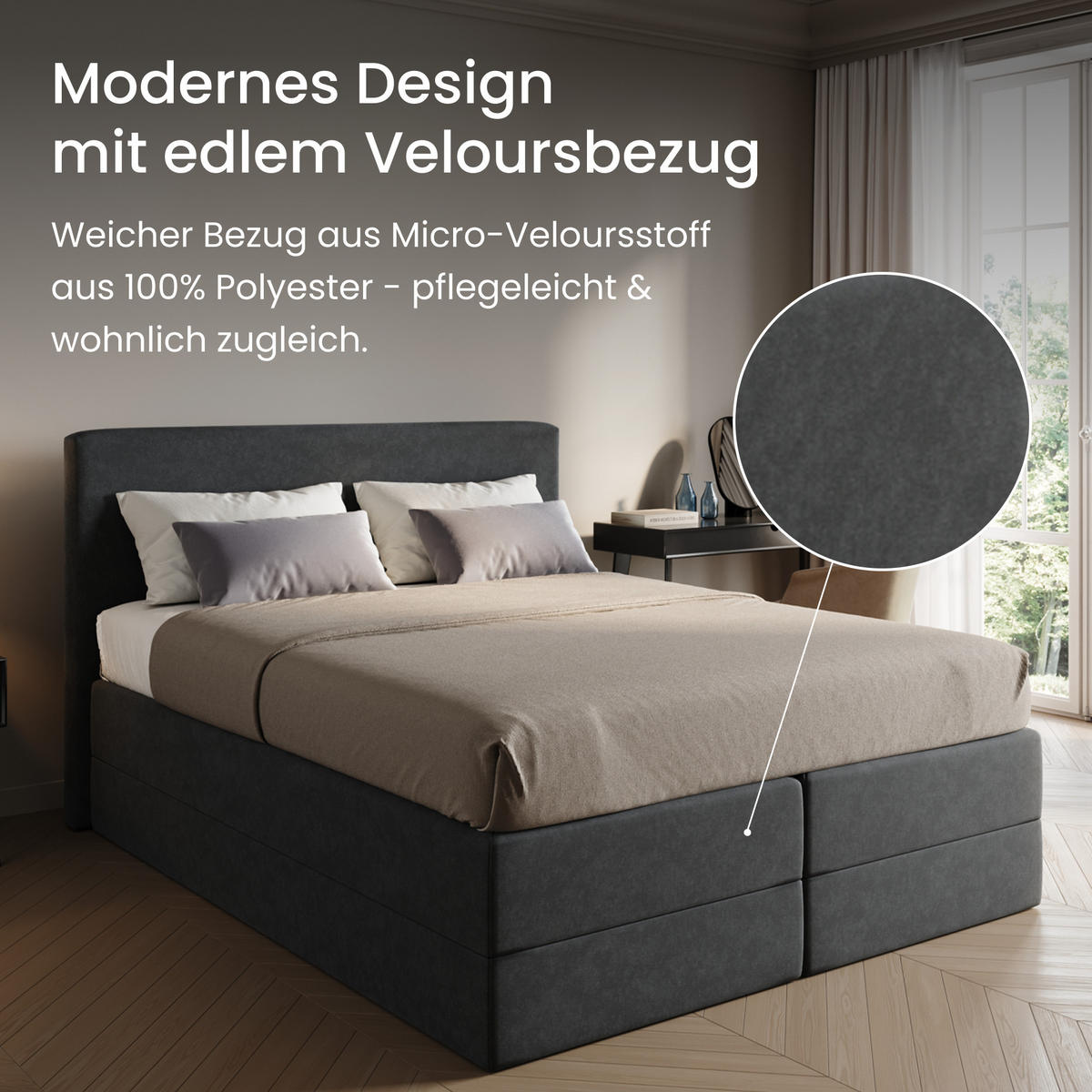 BOXSPRINGBETT mit Bonnell Matratze, mit Kopfteil, 140 x 200 cm, in Dunkelgrau - Anthrazit, Naturmaterialien (140/200cm) - Home Collective