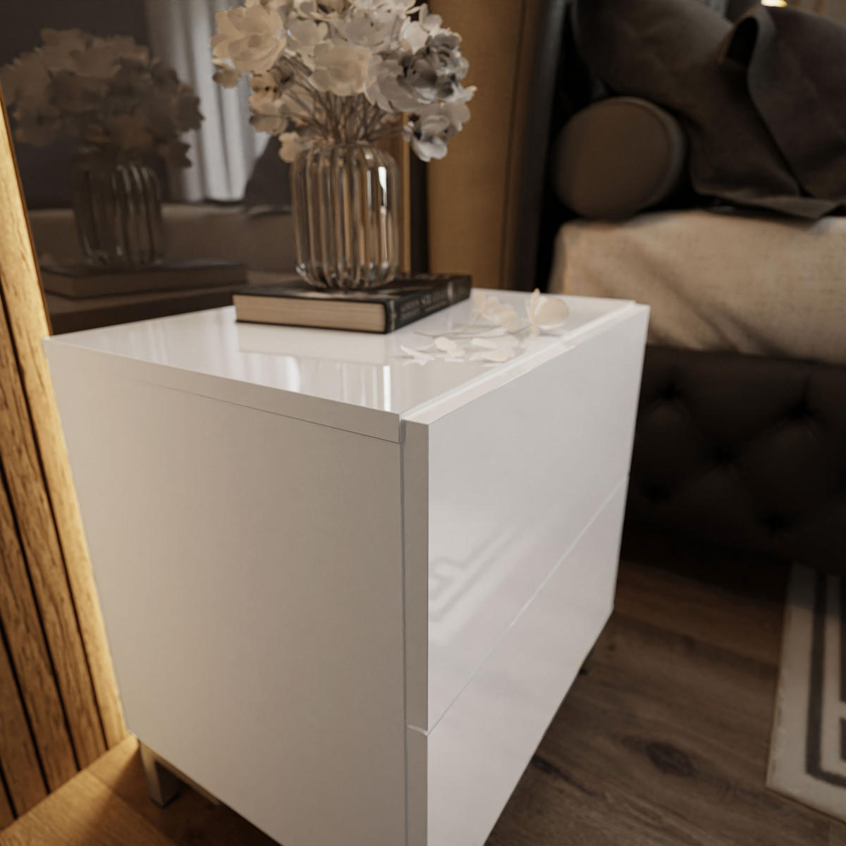 NACHTTISCH LINA LUX mit Beinen, Hochglanzplatte – Beinfarbe: Gold - Weiß, Holzwerkstoff (45/50/38.5cm) - Lookway