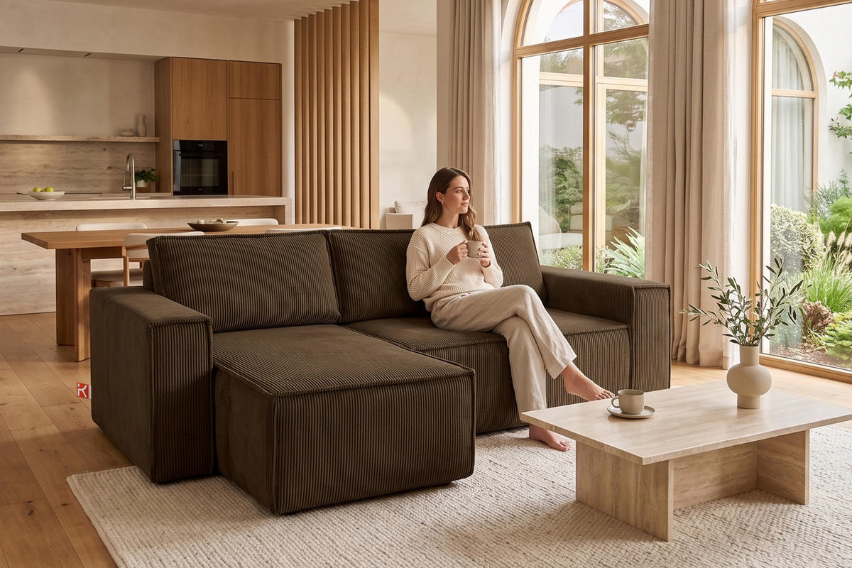 ECKSOFA-LINKS/RECHTS NAPI Schlaffunktion mit Cordbezug, choco - Dunkelbraun/Schwarz, Textil (262/148cm) - KONSIMO®