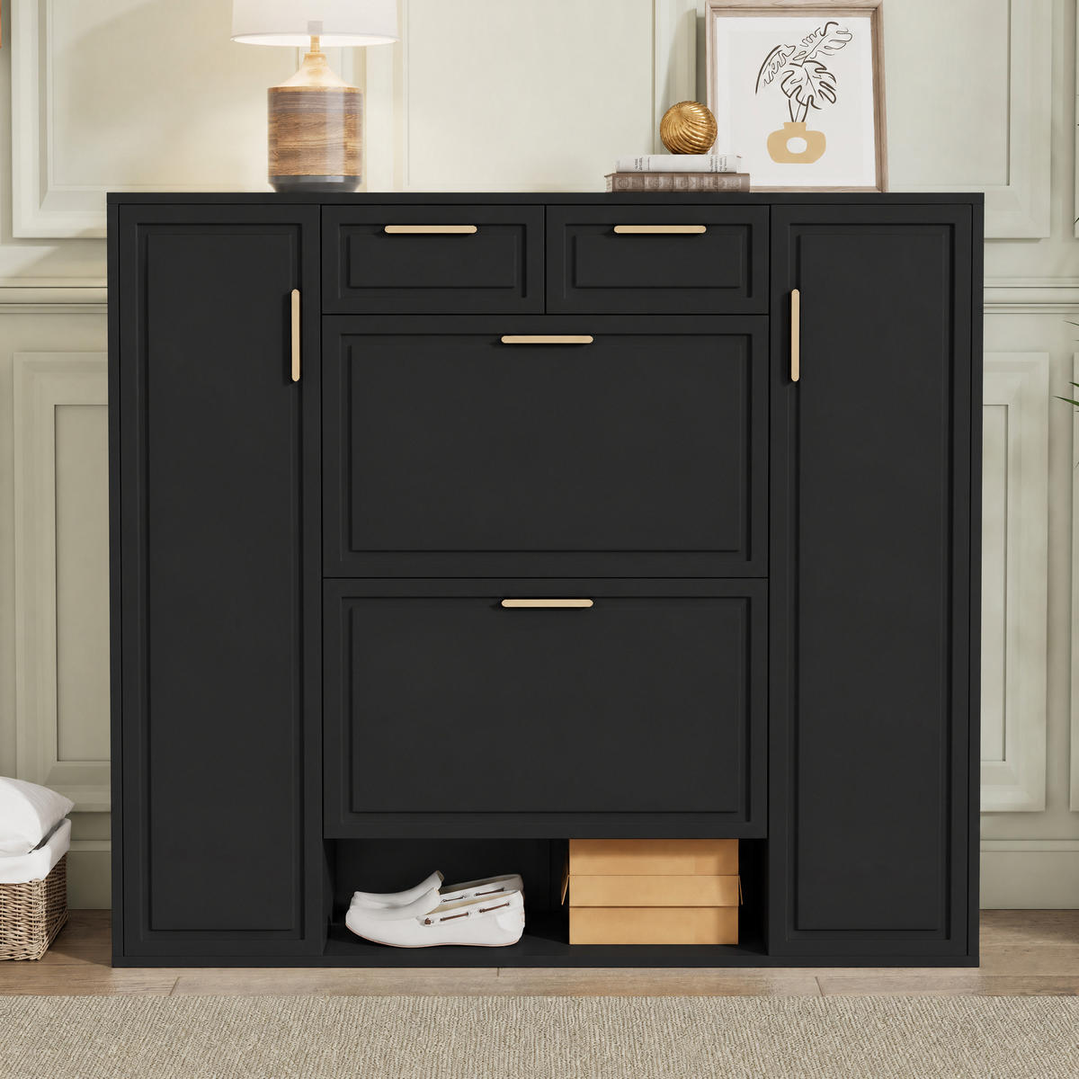 SCHUHSCHRANK Schwarz 120/24/107 cm - Schwarz, Holzwerkstoff (120/107/24cm) - PANGIVO